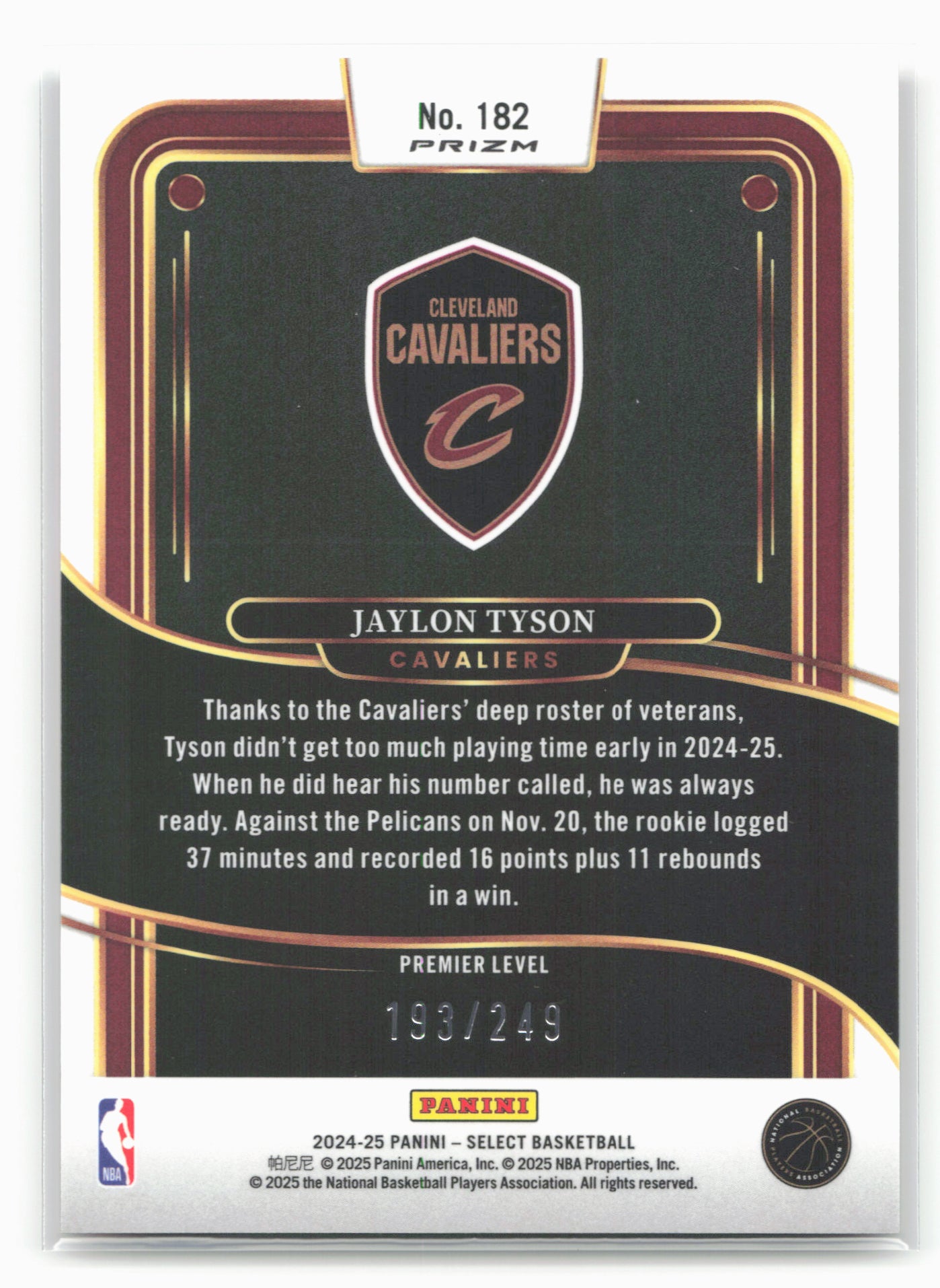 2024-25 Panini Select #182 Jaylon Tyson Red Scope Prizm #/249