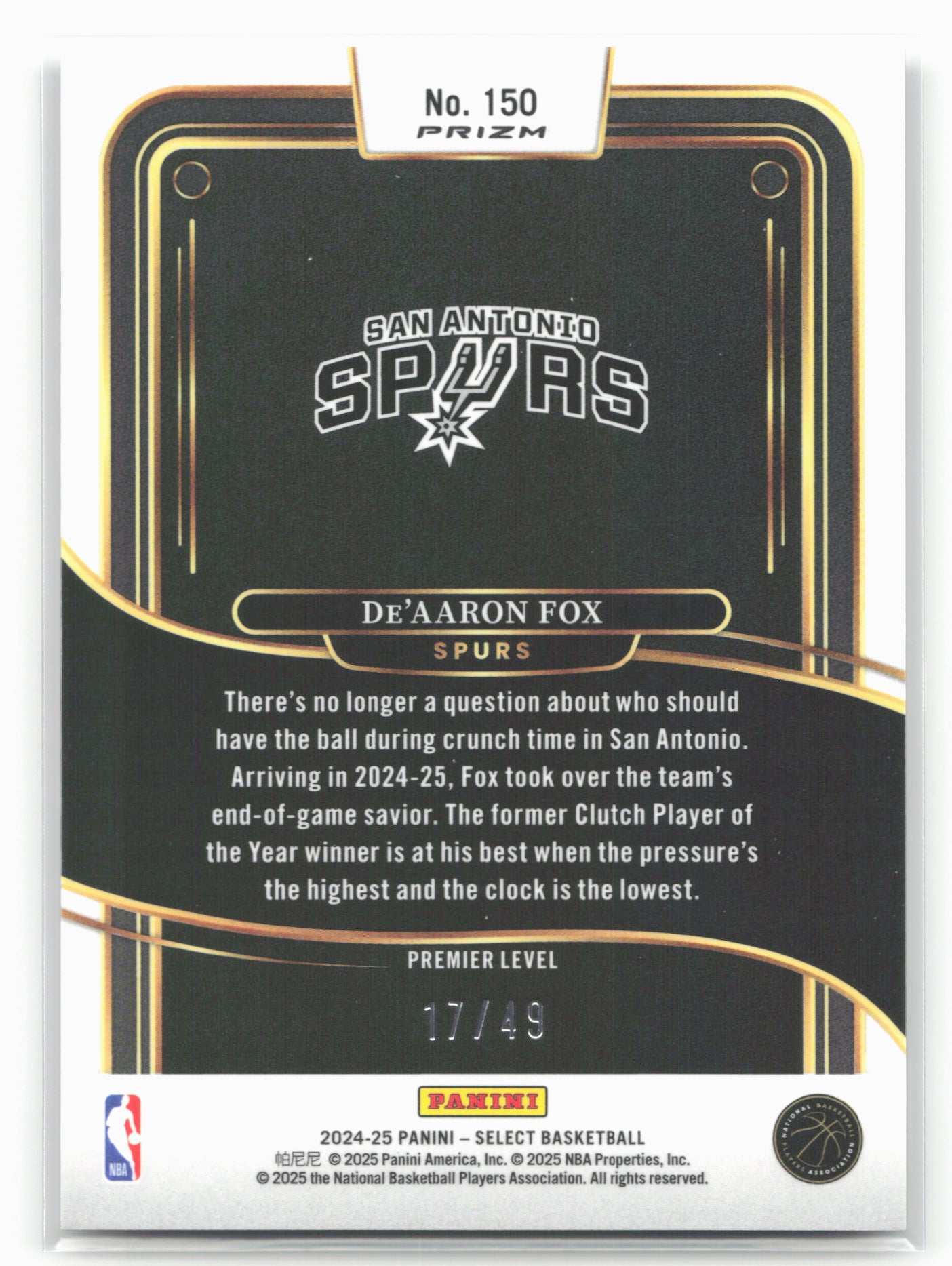 2024-25 Panini Select #150 De'Aaron Fox Bronze Checker Prizm #/49