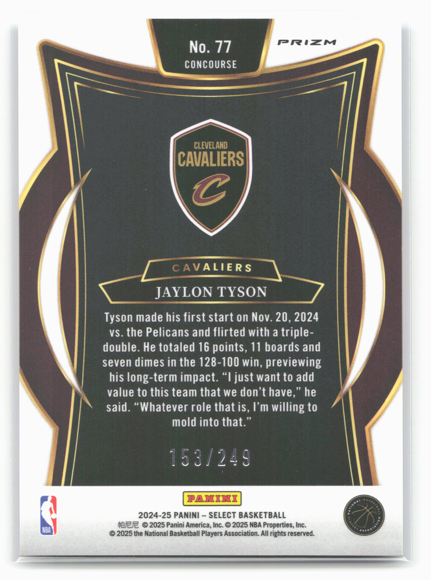 2024-25 Panini Select #77 Jaylon Tyson Blue Scope Prizm 19760