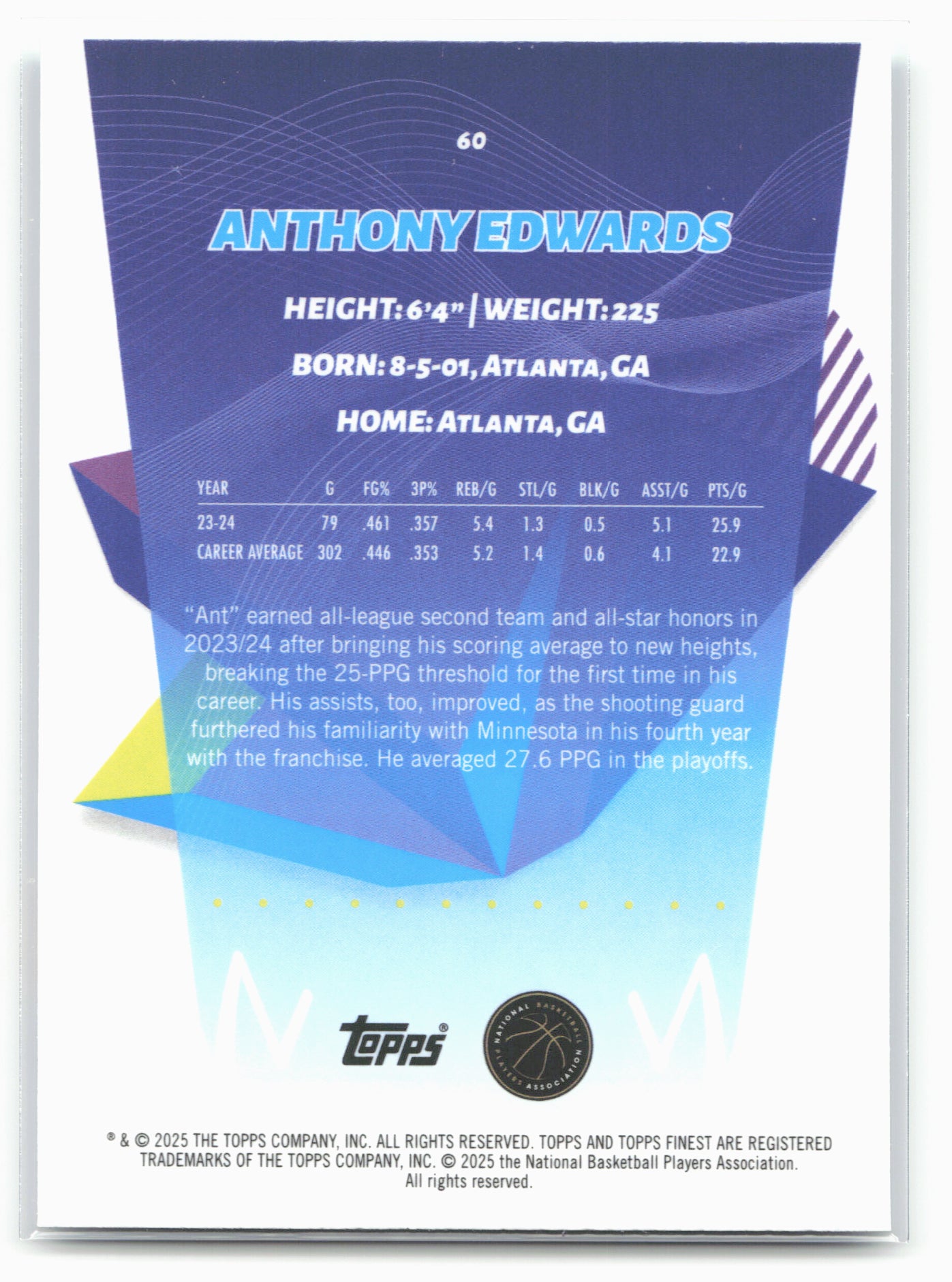 2024-25 Finest #60 Anthony Edwards Sky Blue Refractor 19887