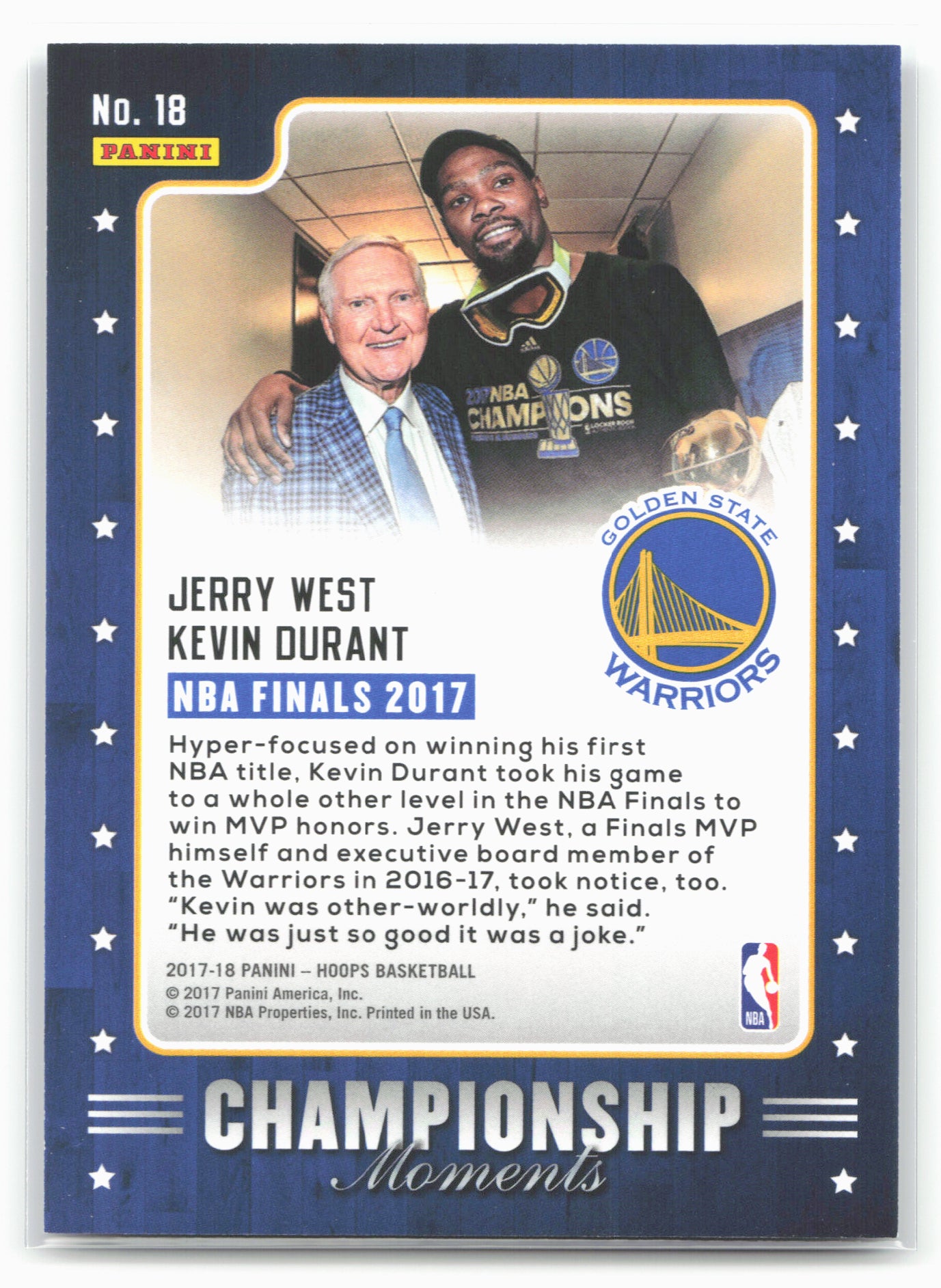 2017-18 Hoops #18 Kevin Durant / Jerry West SN99 Championship Moments #/99