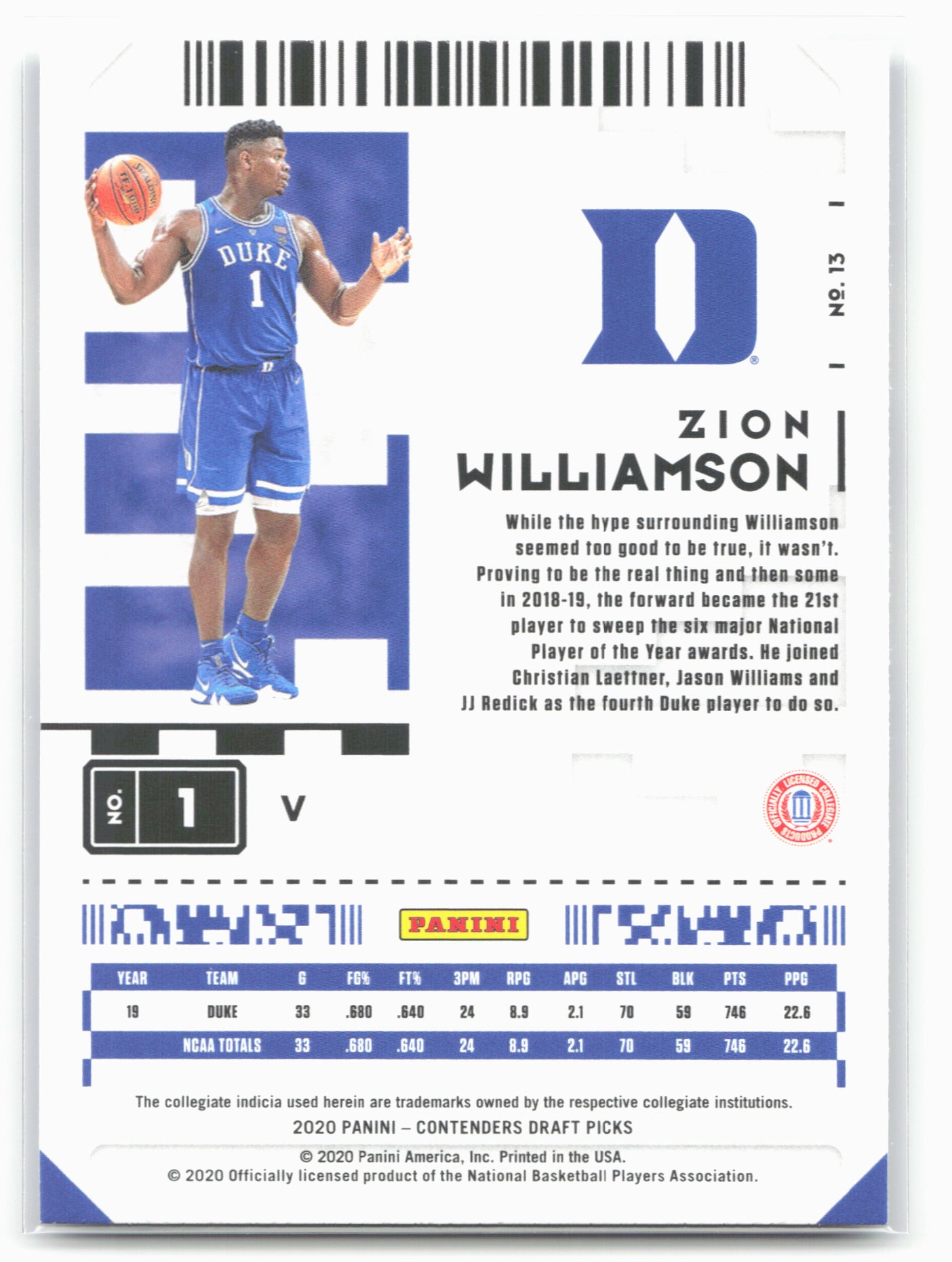 2020 Panini Contenders Draft Picks #13b Zion Williamson Blue jersey