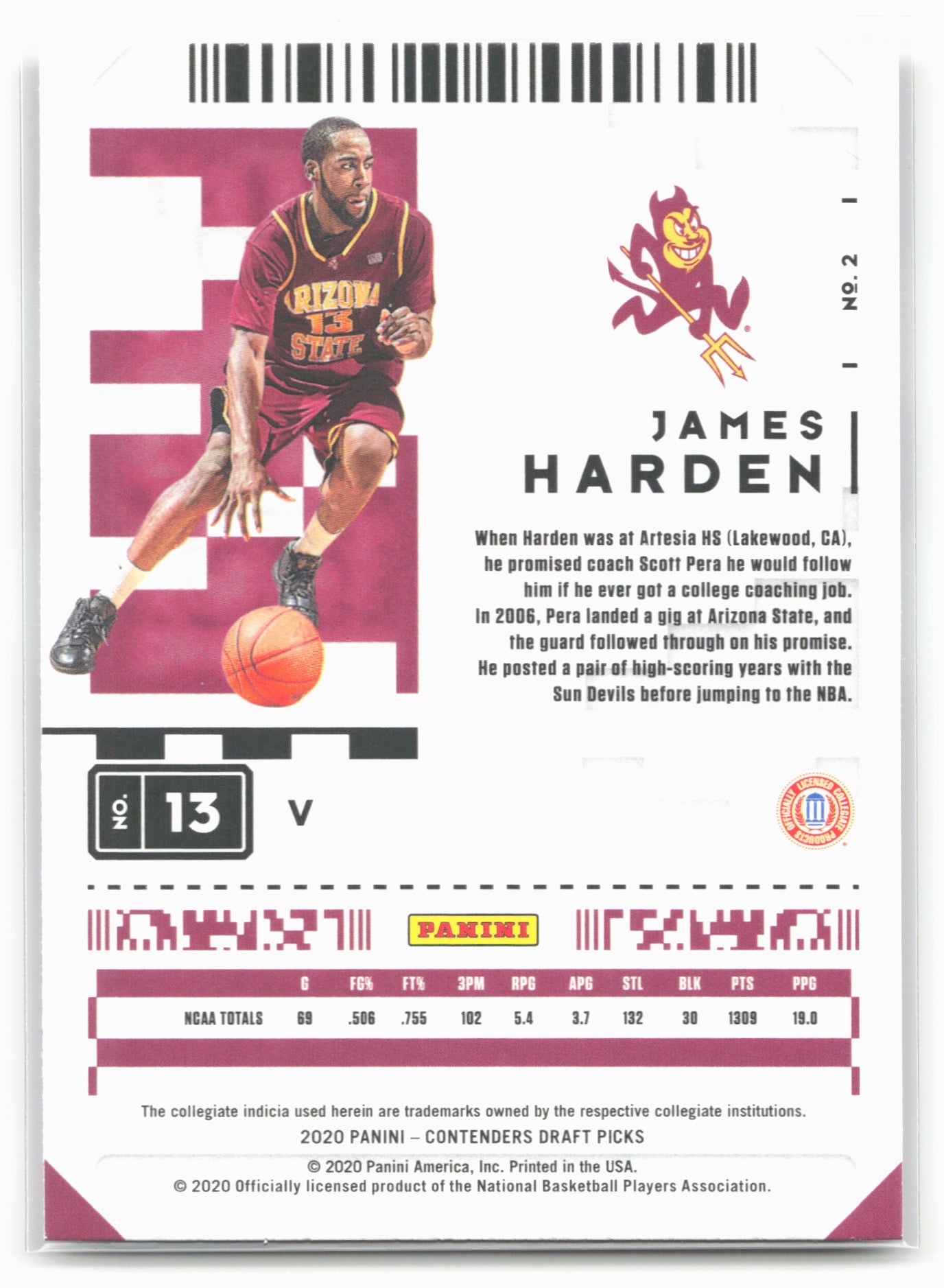 2020 Panini Contenders Draft Picks #2b James Harden Maroon jersey
