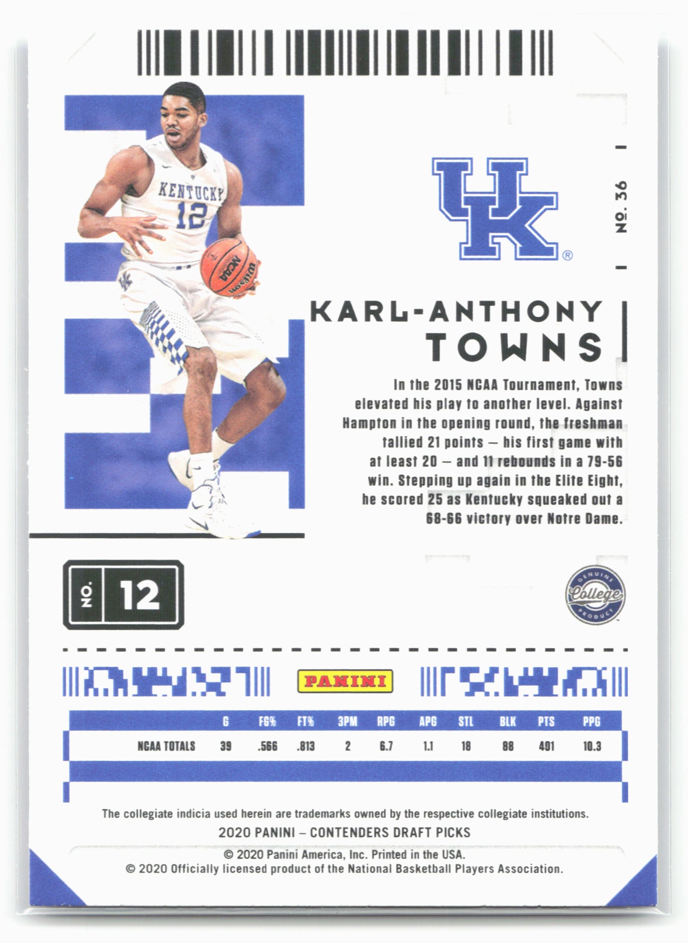 2020 Panini Contenders Draft Picks #36 Karl-Anthony Towns Campus Ticket