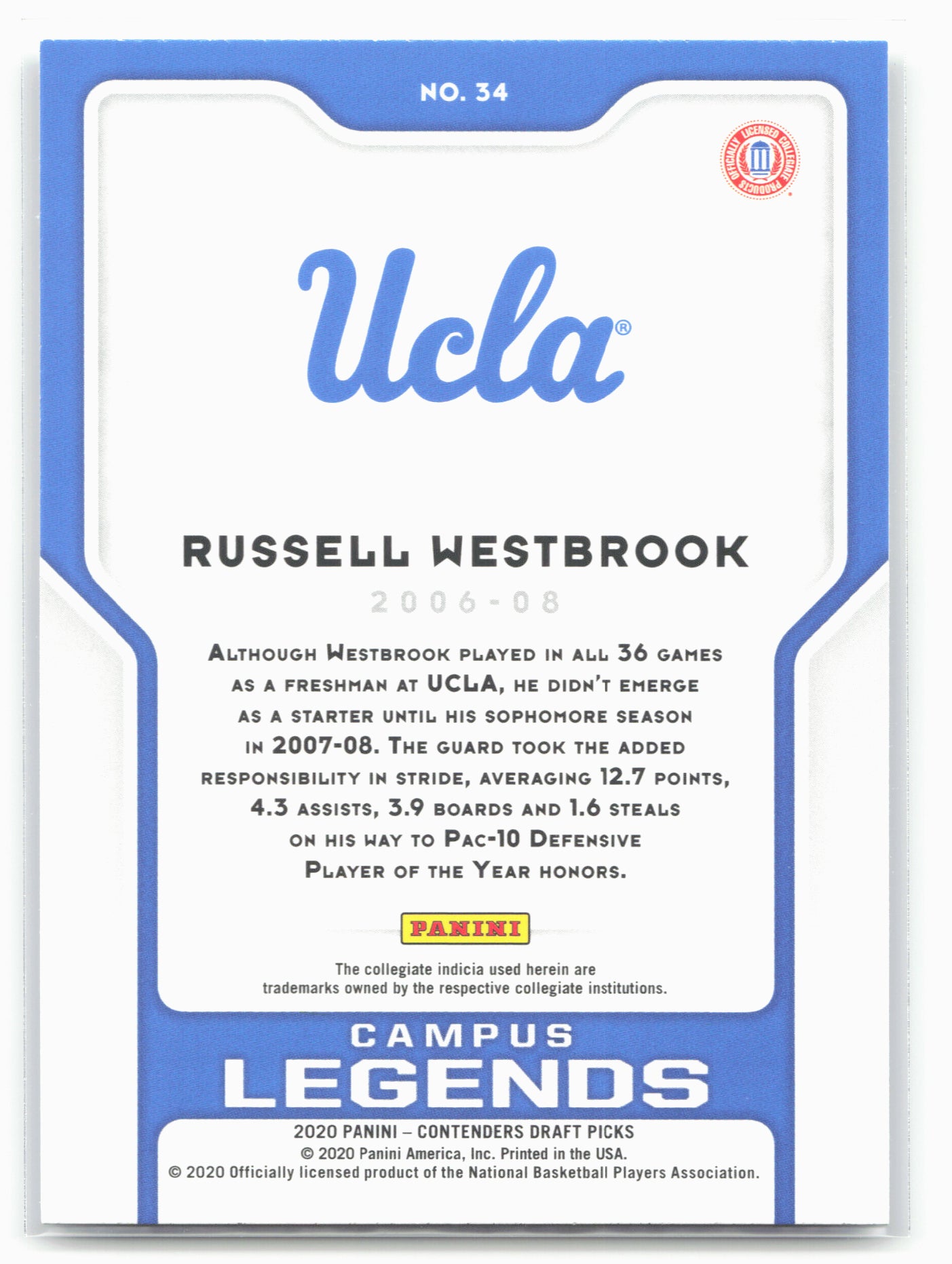 2020 Panini Contenders Draft Picks #34 Russell Westbrook Campus Legends