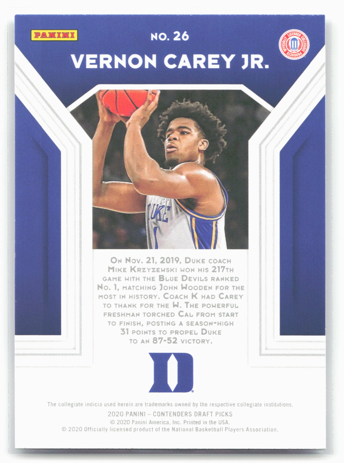 2020 Panini Contenders Draft Picks #26 Vernon Carey Jr. Playing the Numbers Game