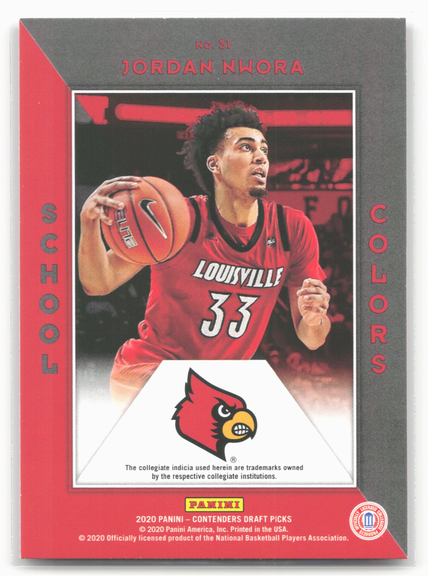2020 Panini Contenders Draft Picks #31 Jordan Nwora School Colors