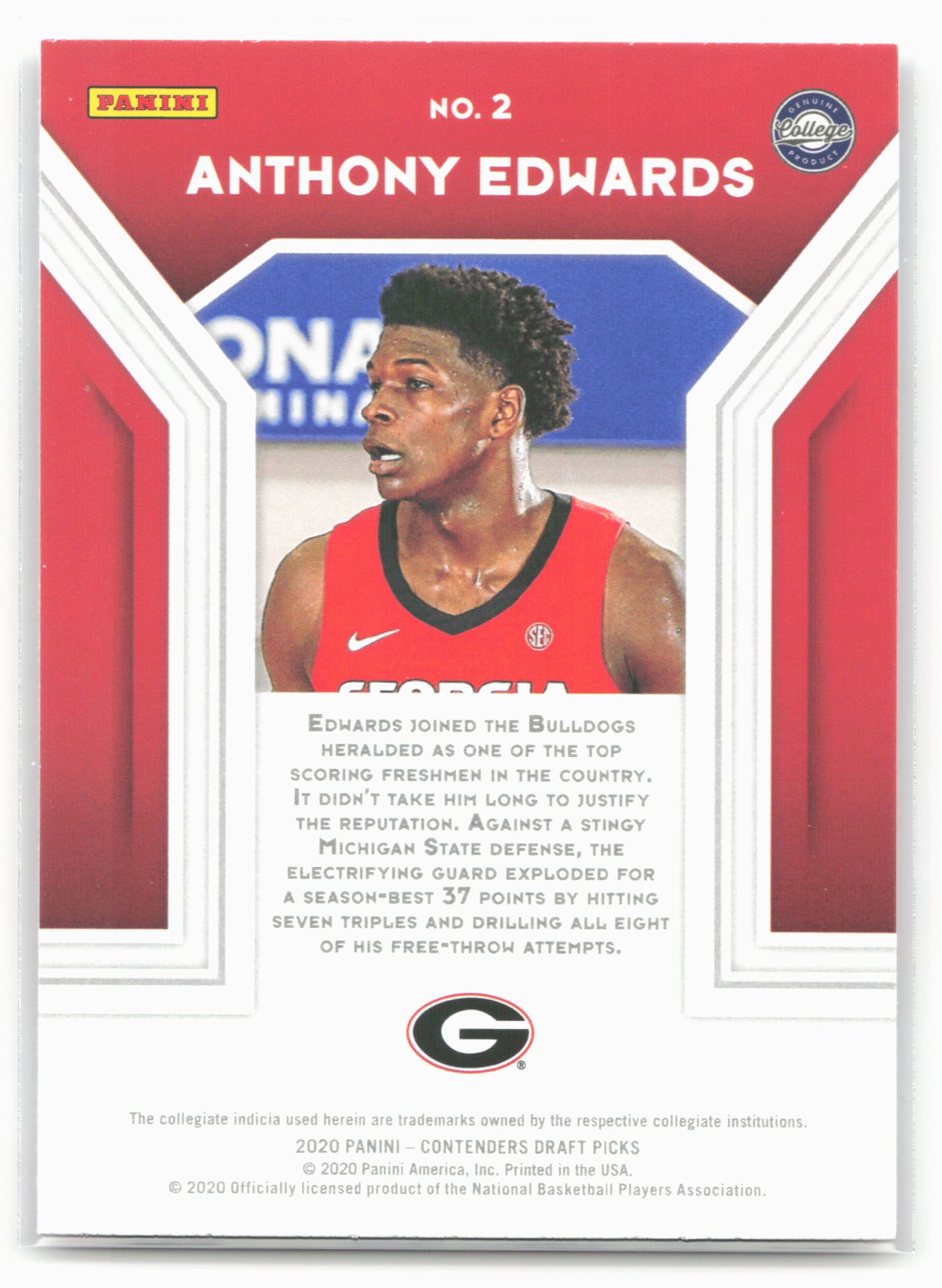 2020 Panini Contenders Draft Picks #2 Anthony Edwards Playing the Numbers Game