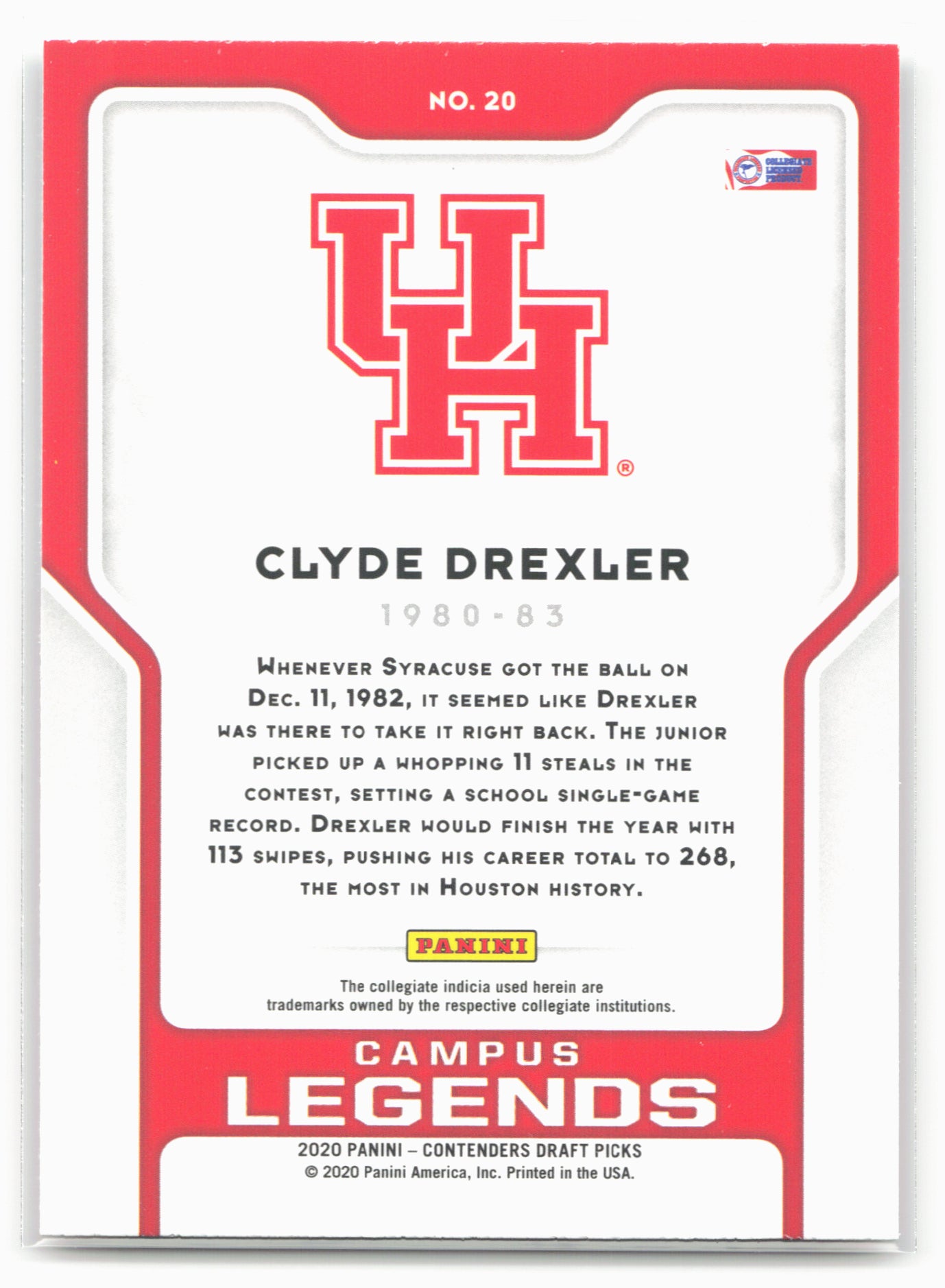 2020 Panini Contenders Draft Picks #20 Clyde Drexler Campus Legends