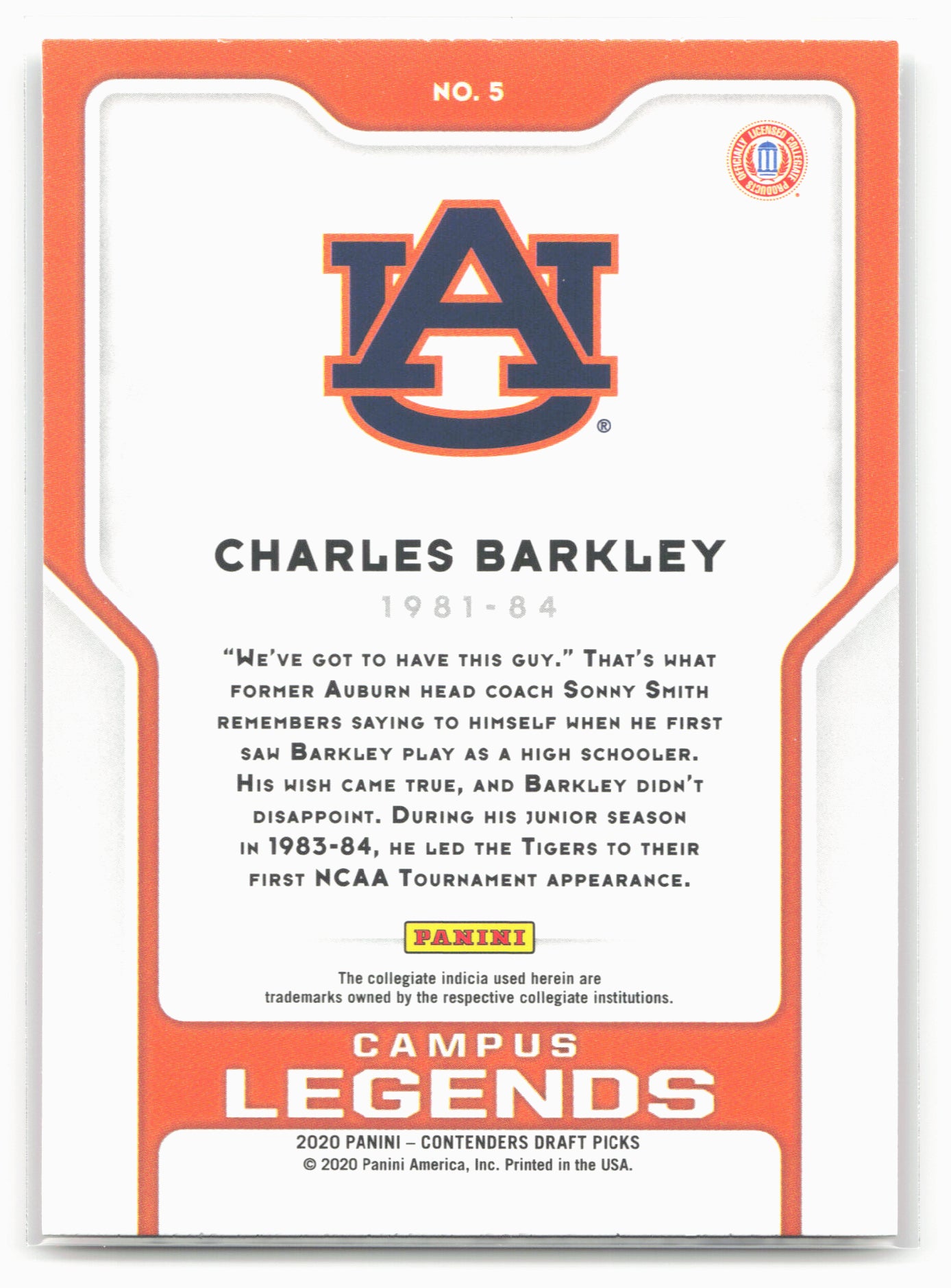2020 Panini Contenders Draft Picks #5 Charles Barkley Campus Legends