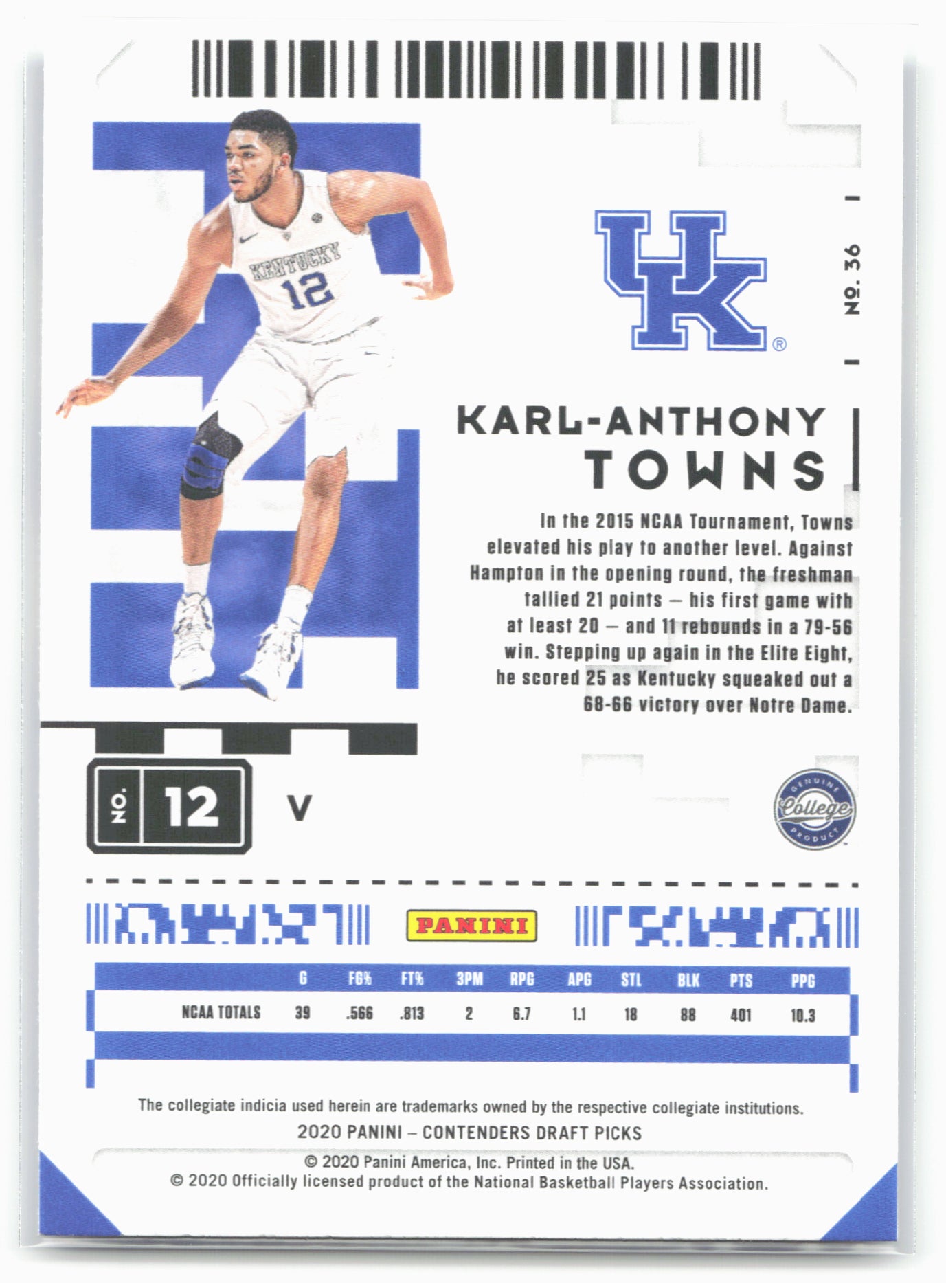 2020 Panini Contenders Draft Picks #36b Karl-Anthony Towns