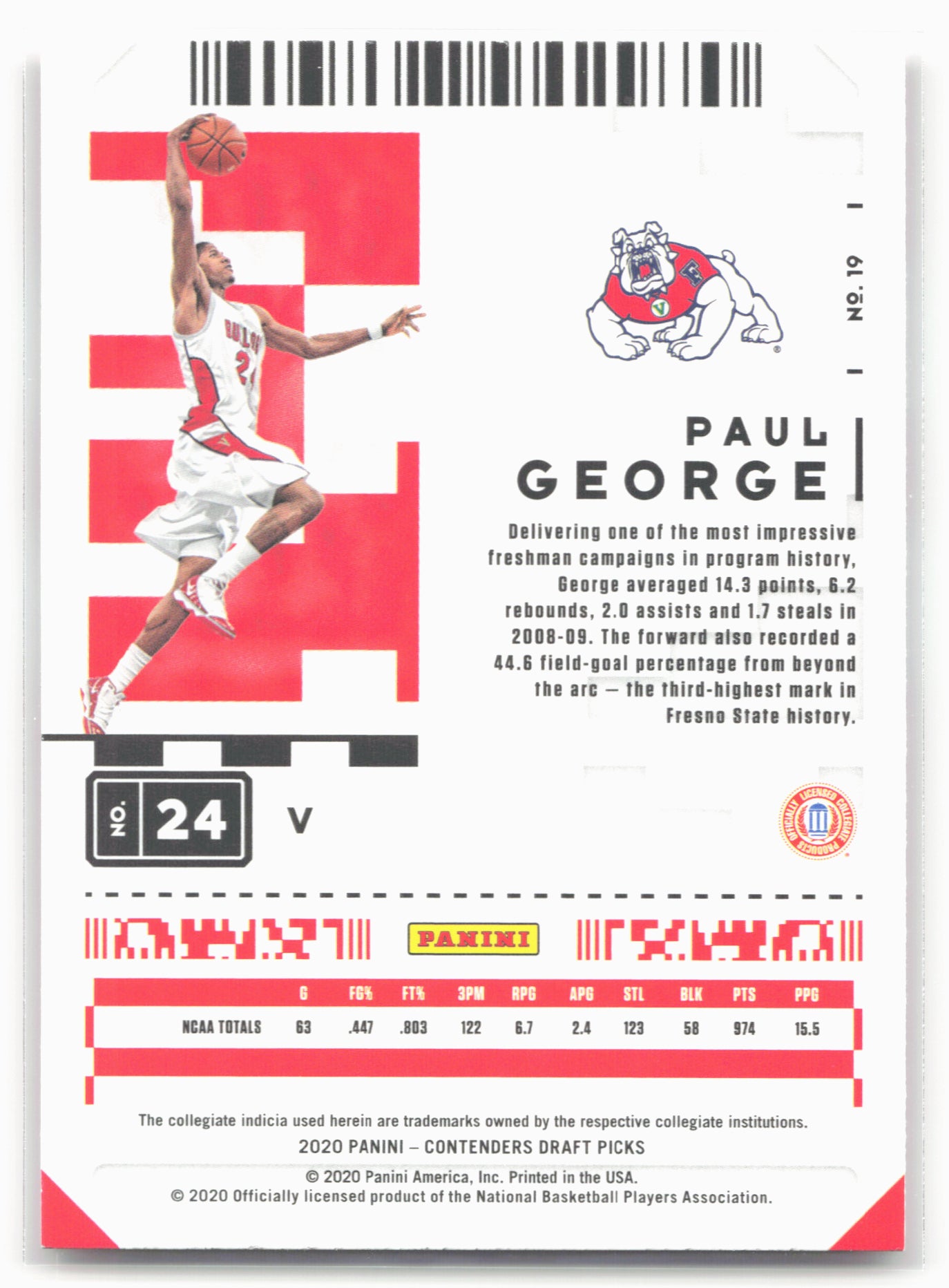 2020 Panini Contenders Draft Picks #19b Paul George White jersey