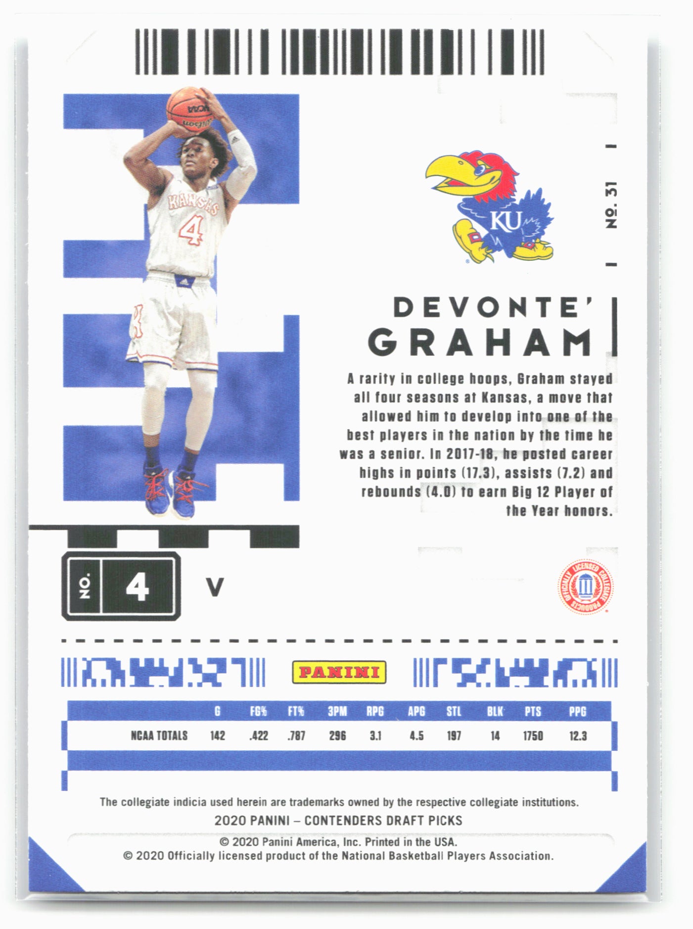2020 Panini Contenders Draft Picks #31b Devonte' Graham Campus Ticket White