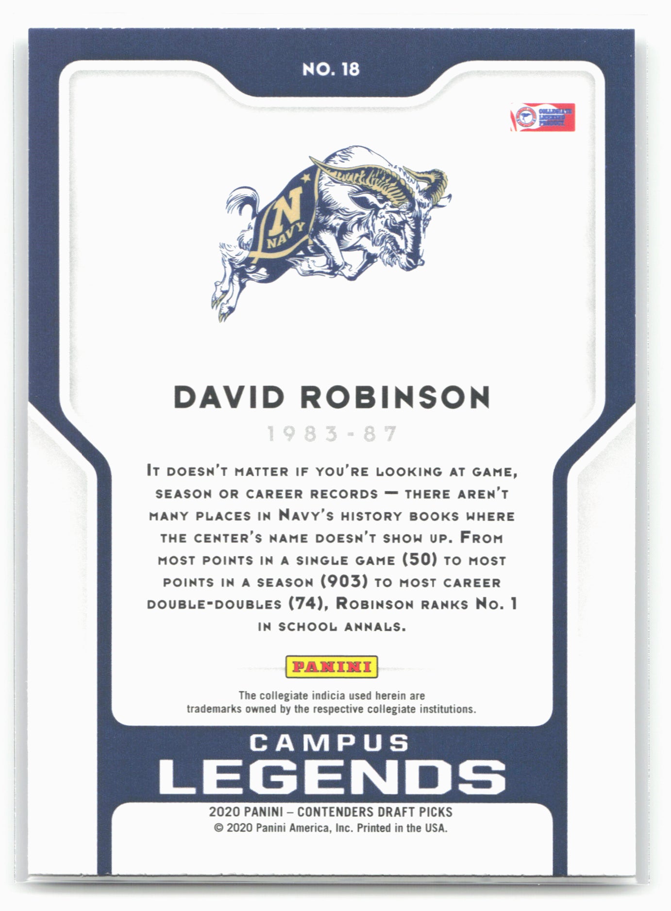 2020 Panini Contenders Draft Picks #18 David Robinson Campus Legends