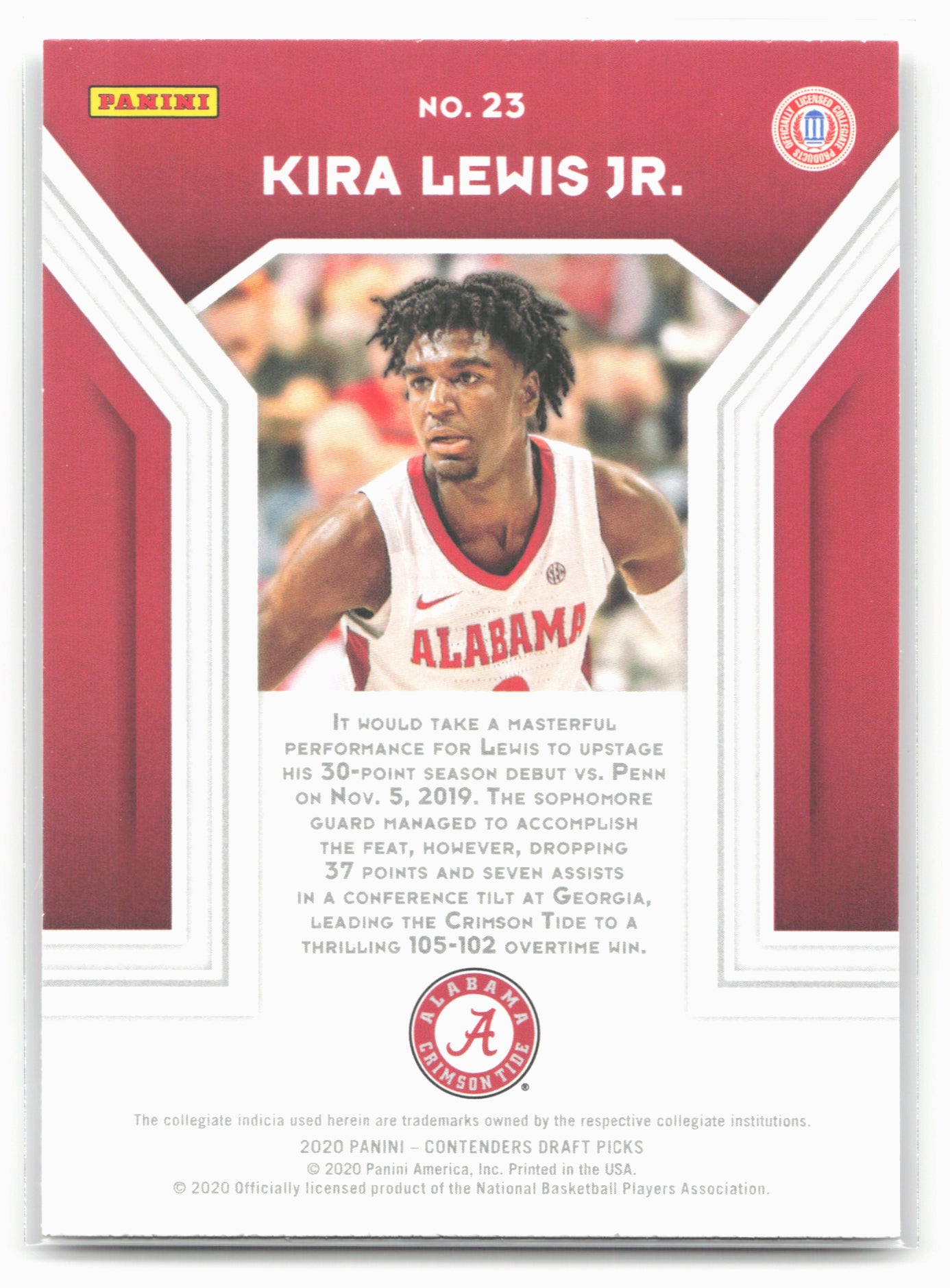 2020 Panini Contenders Draft Picks #23 Kira Lewis Jr. Playing the Numbers Game