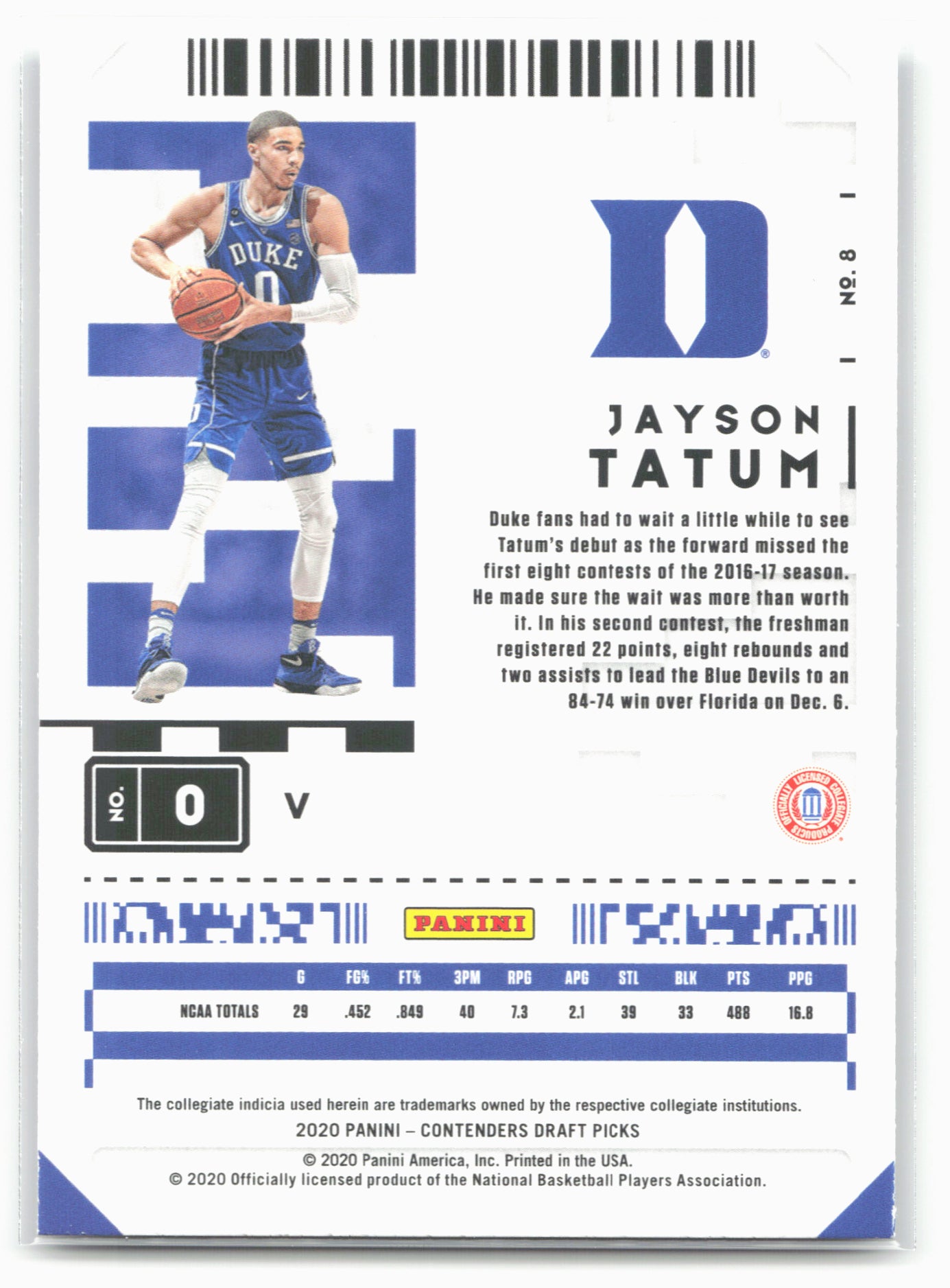 2020 Panini Contenders Draft Picks #8b Jayson Tatum Campus Ticket