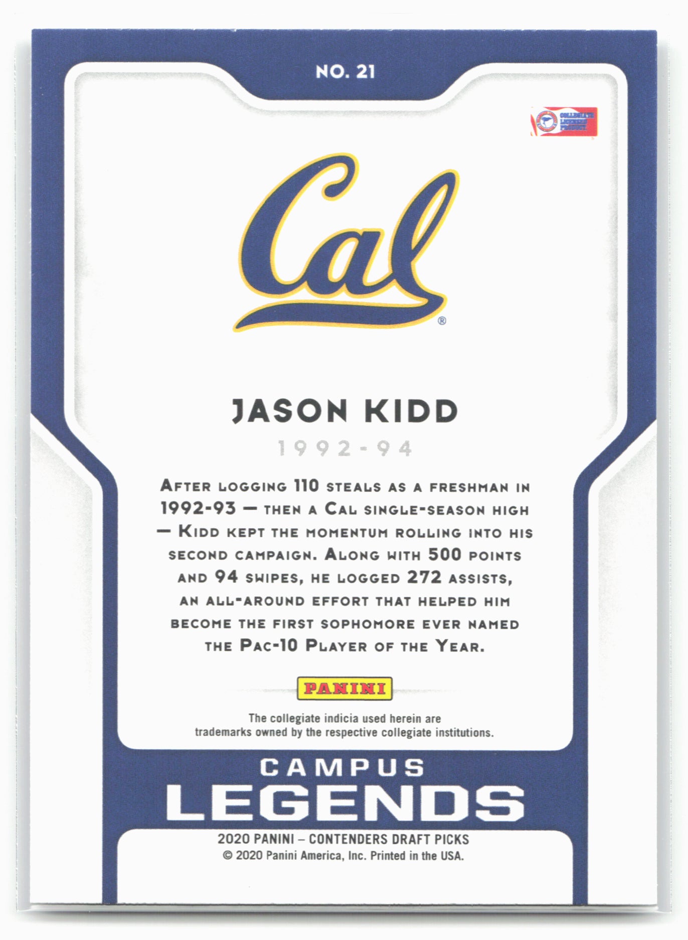 2020 Panini Contenders Draft Picks #21 Jason Kidd Campus Legends