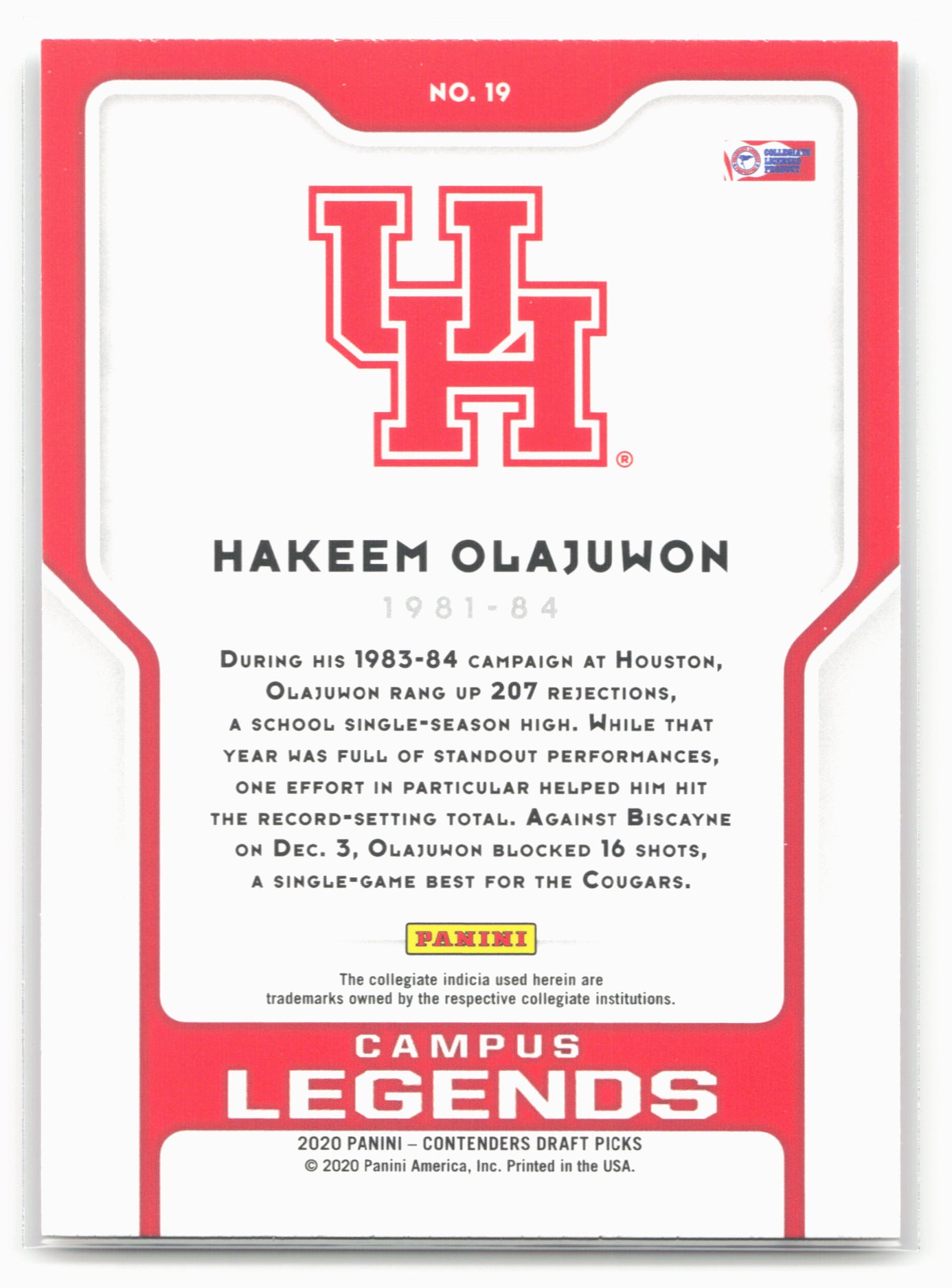 2020 Panini Contenders Draft Picks #19 Hakeem Olajuwon Campus Legends