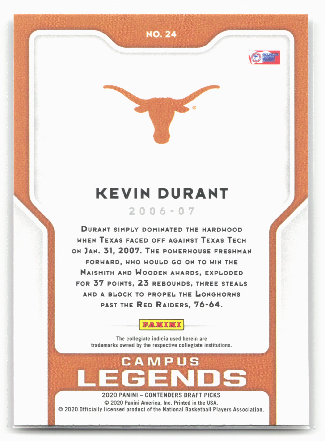 2020 Panini Contenders Draft Picks #24 Kevin Durant Campus Legends