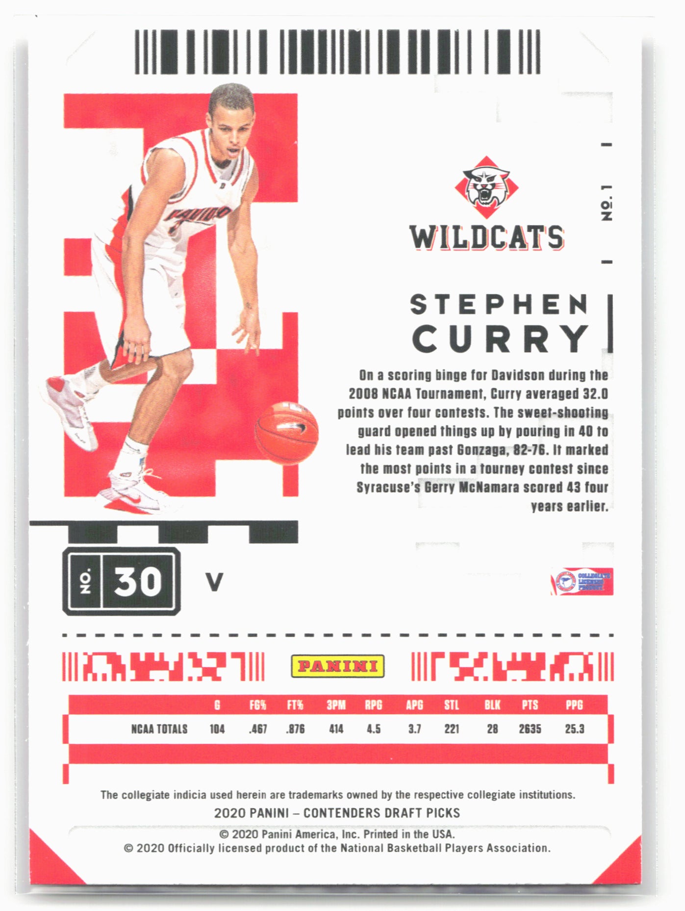 2020 Panini Contenders Draft Picks #1b Stephen Curry Campus Ticket