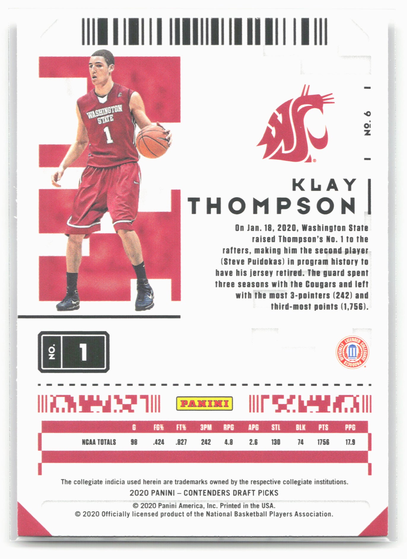 2020 Panini Contenders Draft Picks #6 Klay Thompson Campus Ticket