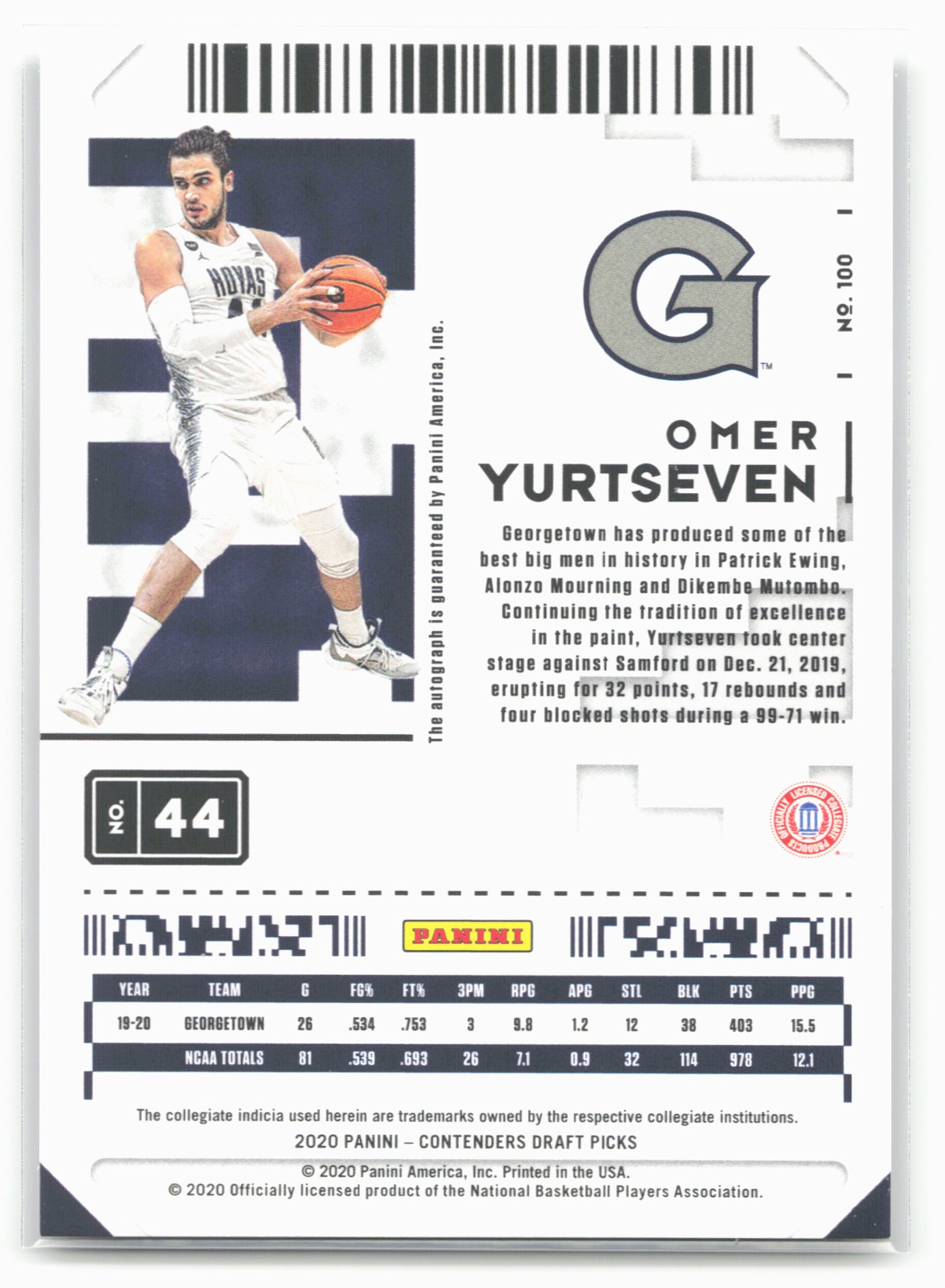 2020 Panini Contenders Draft Picks #100 Omer Yurtseven Conference Ticket #/99