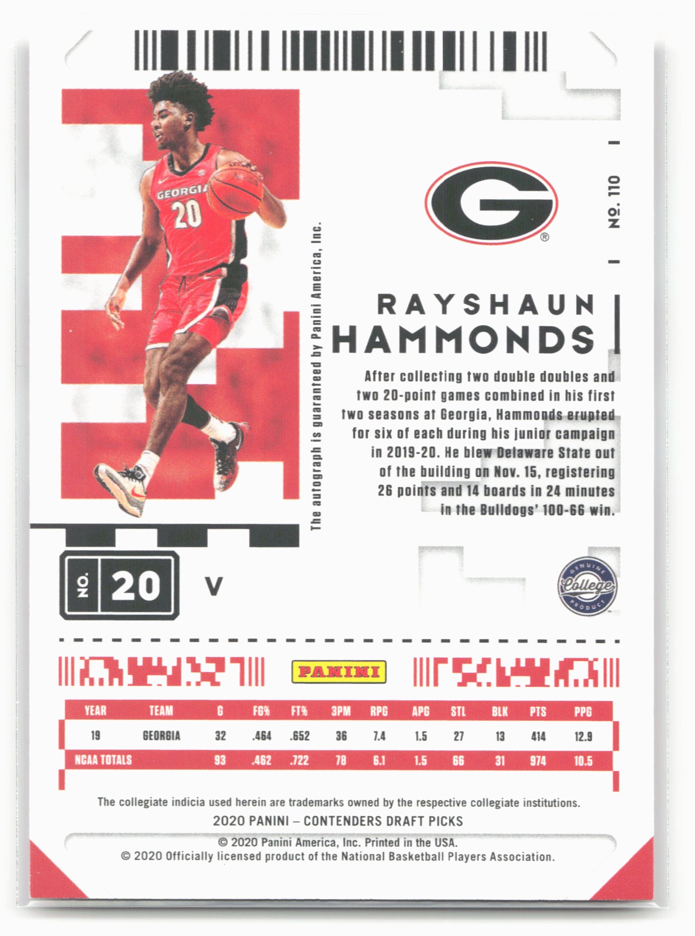 2020 Panini Contenders Draft Picks #110b Rayshaun Hammonds
