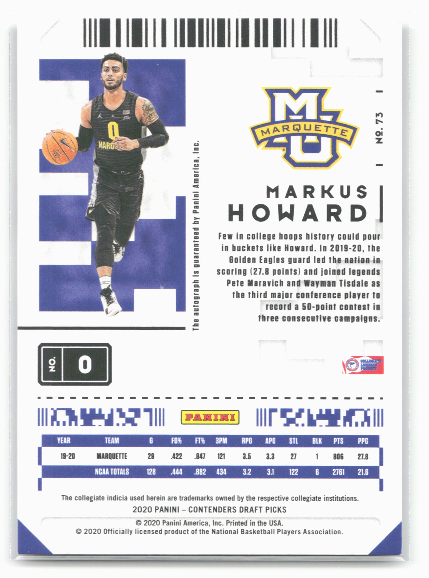 2020 Panini Contenders Draft Picks #73 Markus Howard Conference Ticket #/30