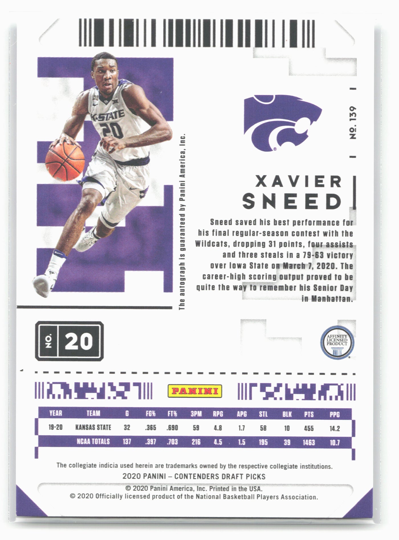 2020 Panini Contenders Draft Picks #139 Xavier Sneed Conference Ticket #/99