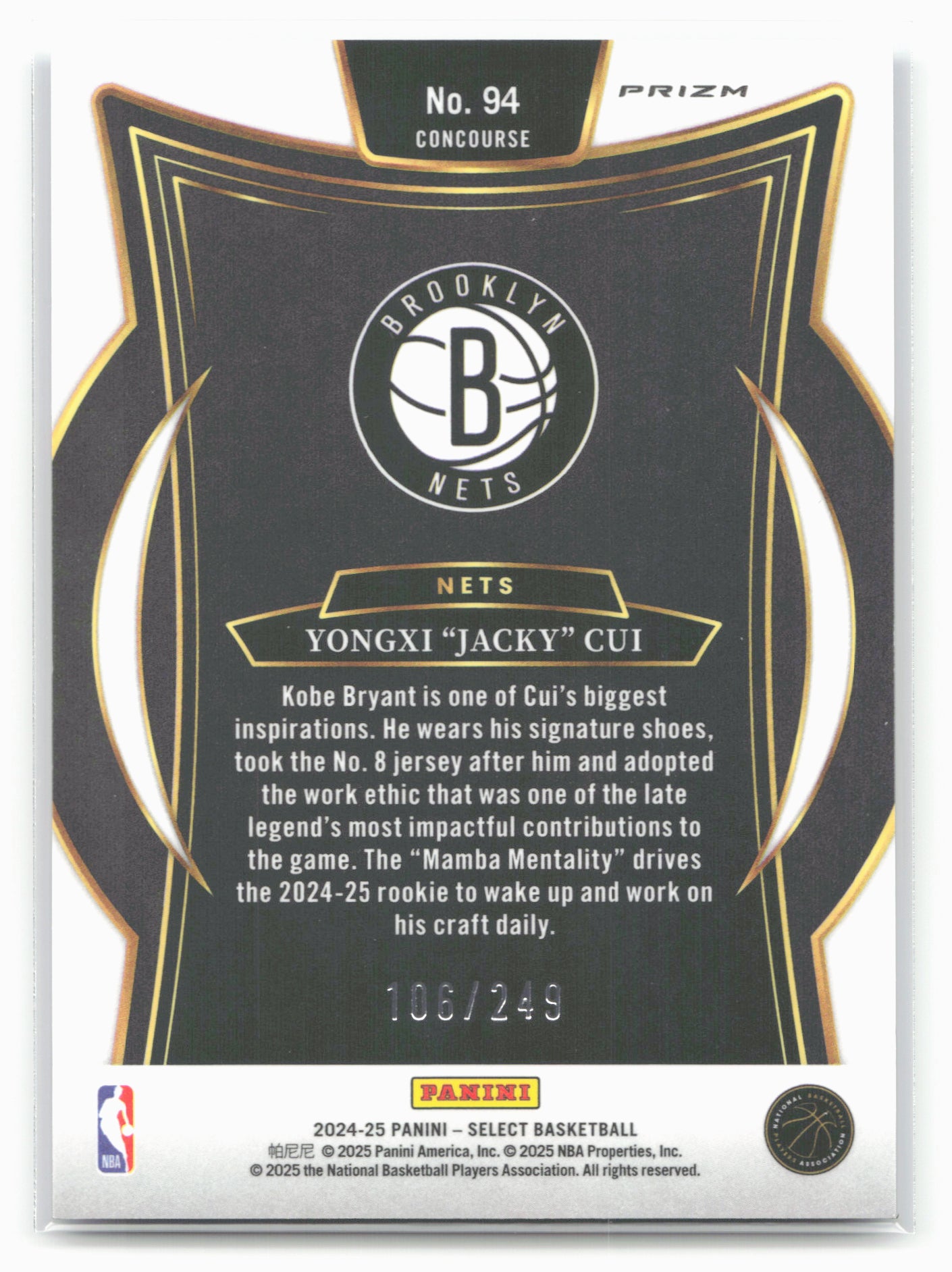 2024-25 Panini Select #94 Yongxi "Jacky" Cui Blue Scope Prizm #/249