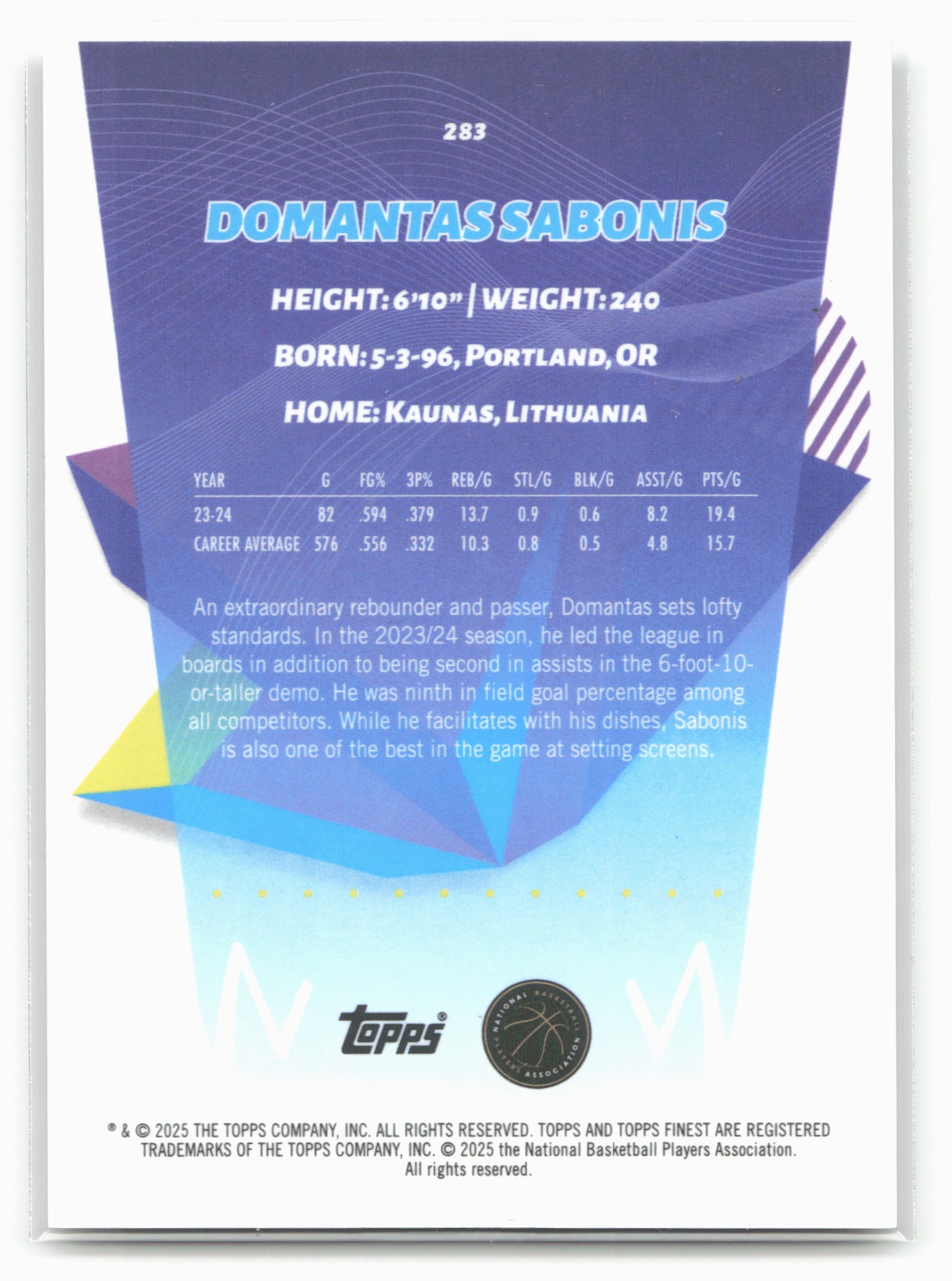 2024-25 Finest #283 Domantas Sabonis Gold Geometric Refractor #/10