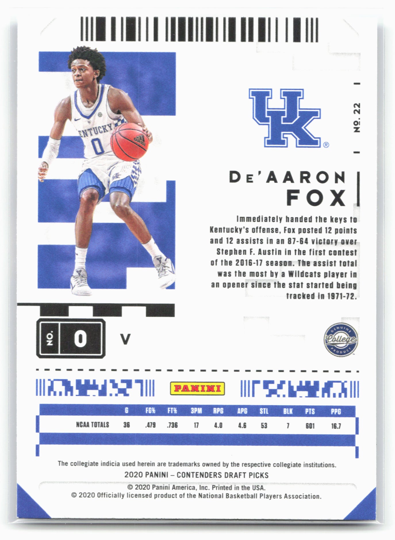 2020 Panini Contenders Draft Picks #22b De'Aaron Fox White jersey
