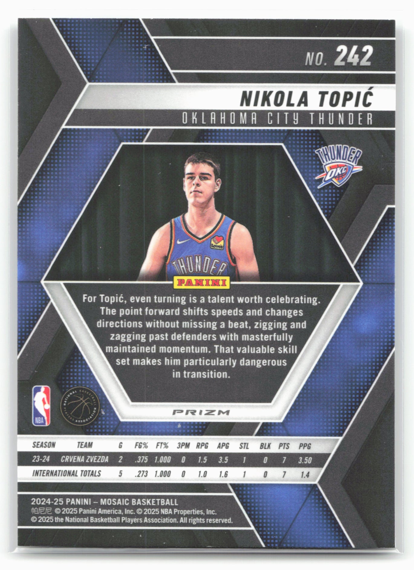 2024-25 Panini Mosaic #242 Nikola Topic Fast Break Silver Mosaic
