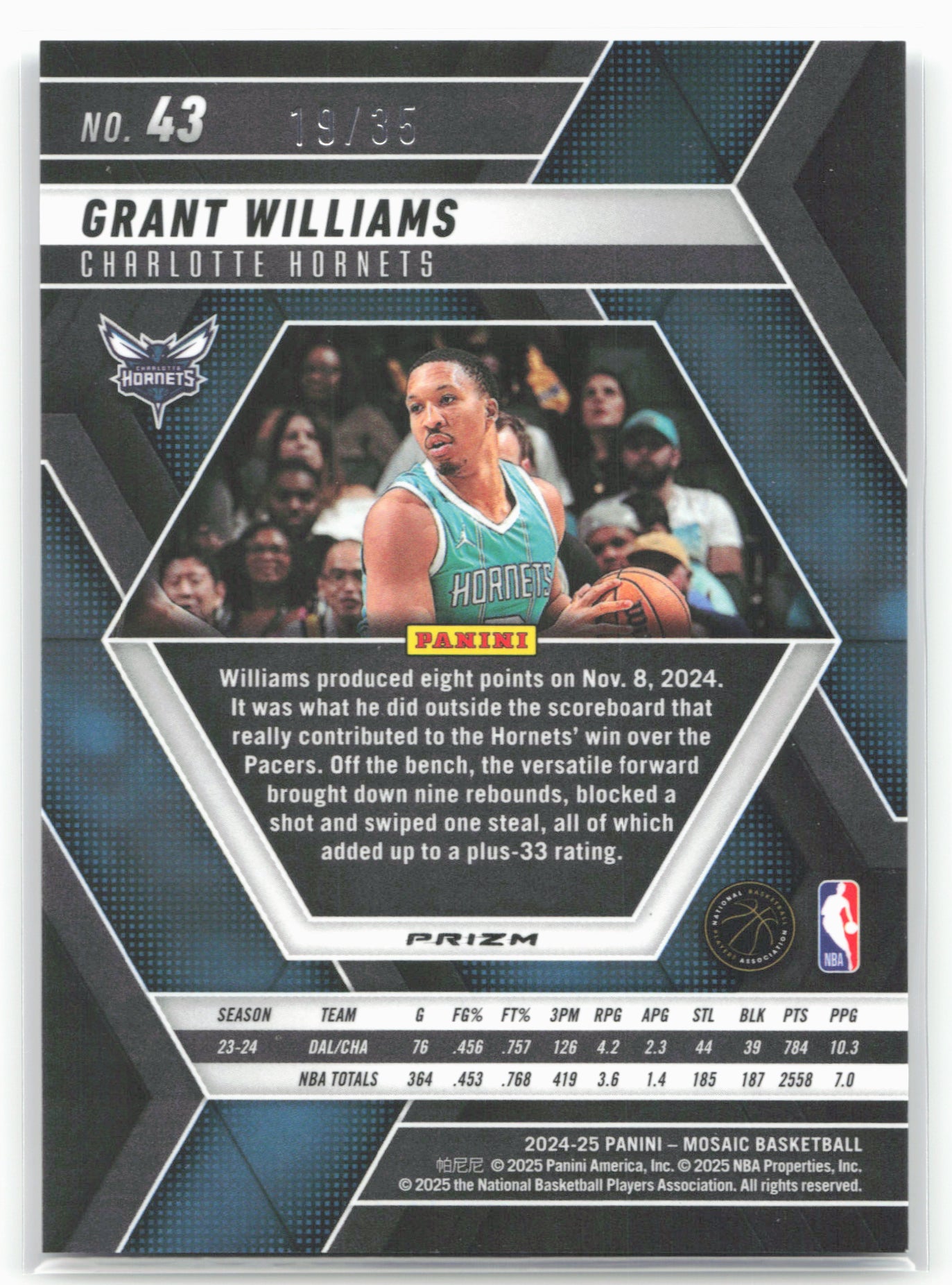 2024-25 Panini Mosaic #43 Grant Williams Fast Break Blue Camo Mosaic #/35