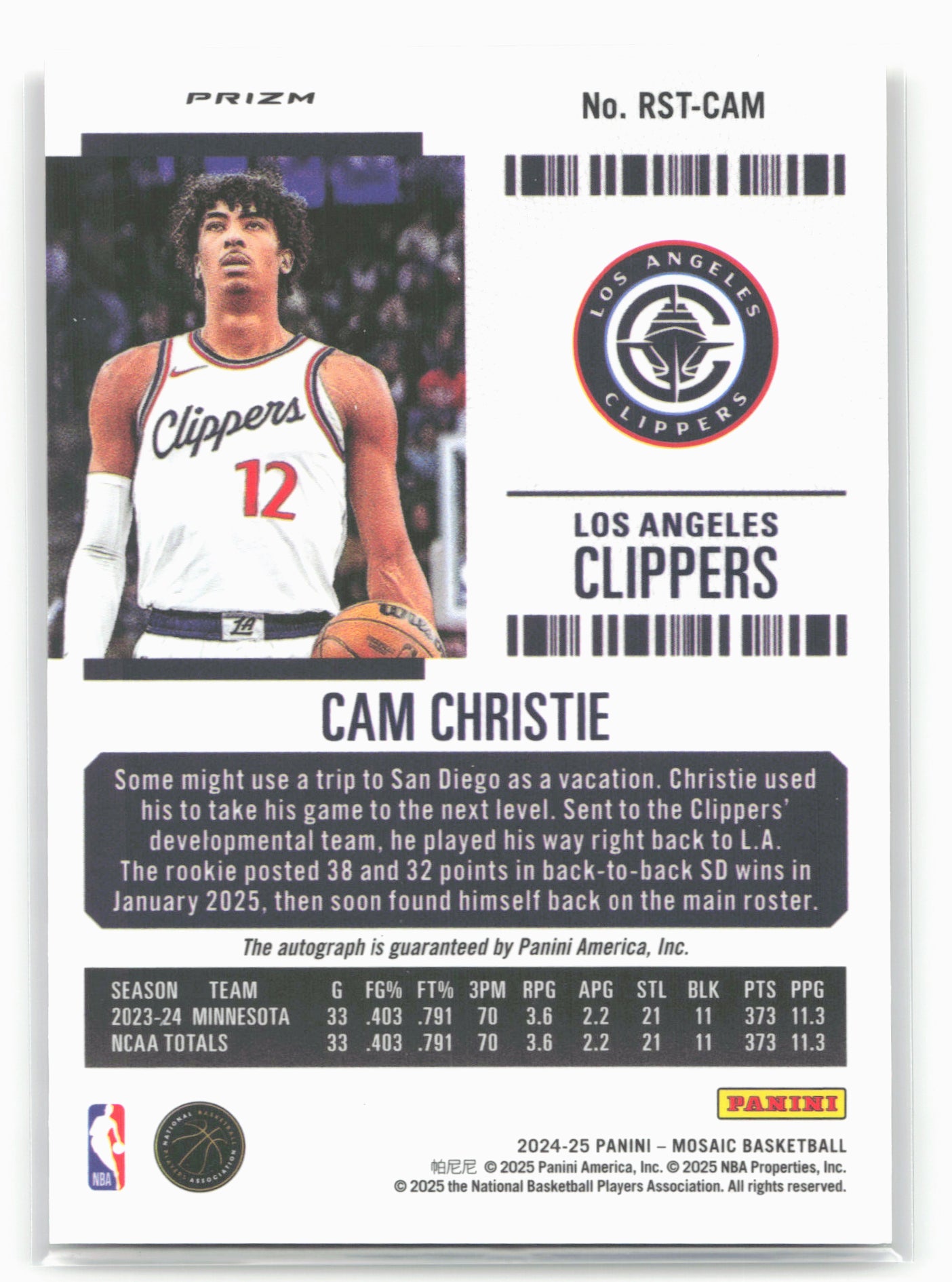 2024-25 Panini Mosaic #RST-CAM Cam Christie Rookie Season Ticket