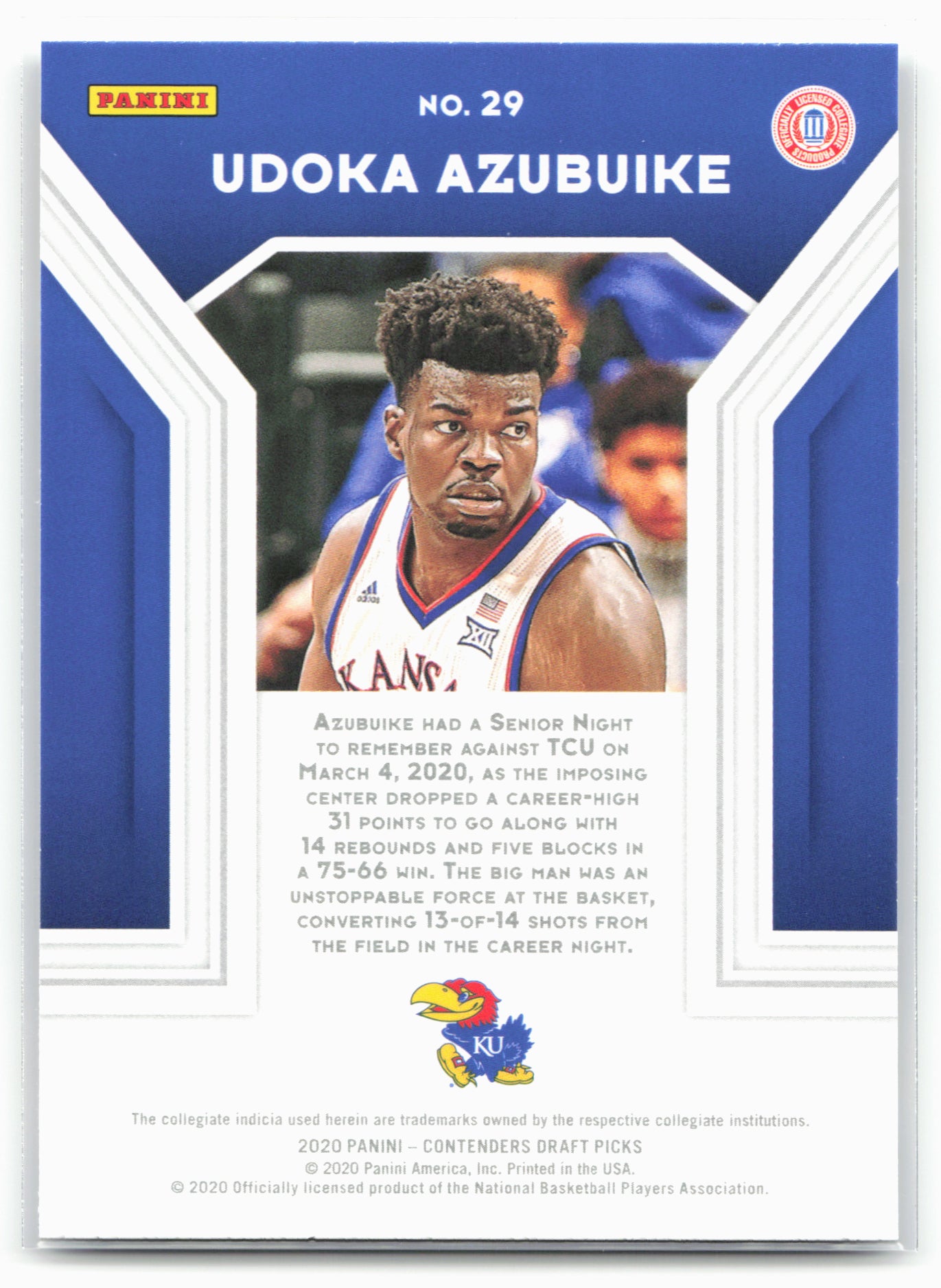 2020 Panini Contenders Draft Picks #29 Udoka Azubuike the Numbers Game 20554