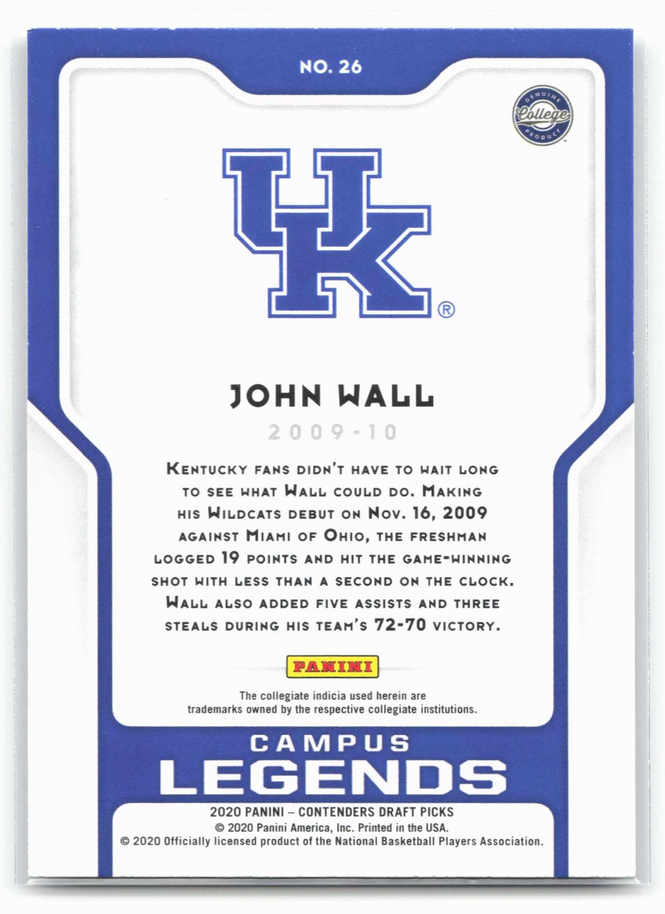 2020 Panini Contenders Draft Picks #26 John Wall Campus Legends 20555
