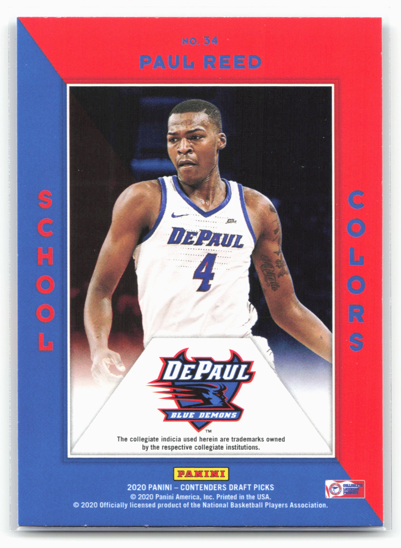 2020 Panini Contenders Draft Picks #34 Paul Reed School Colors 20556