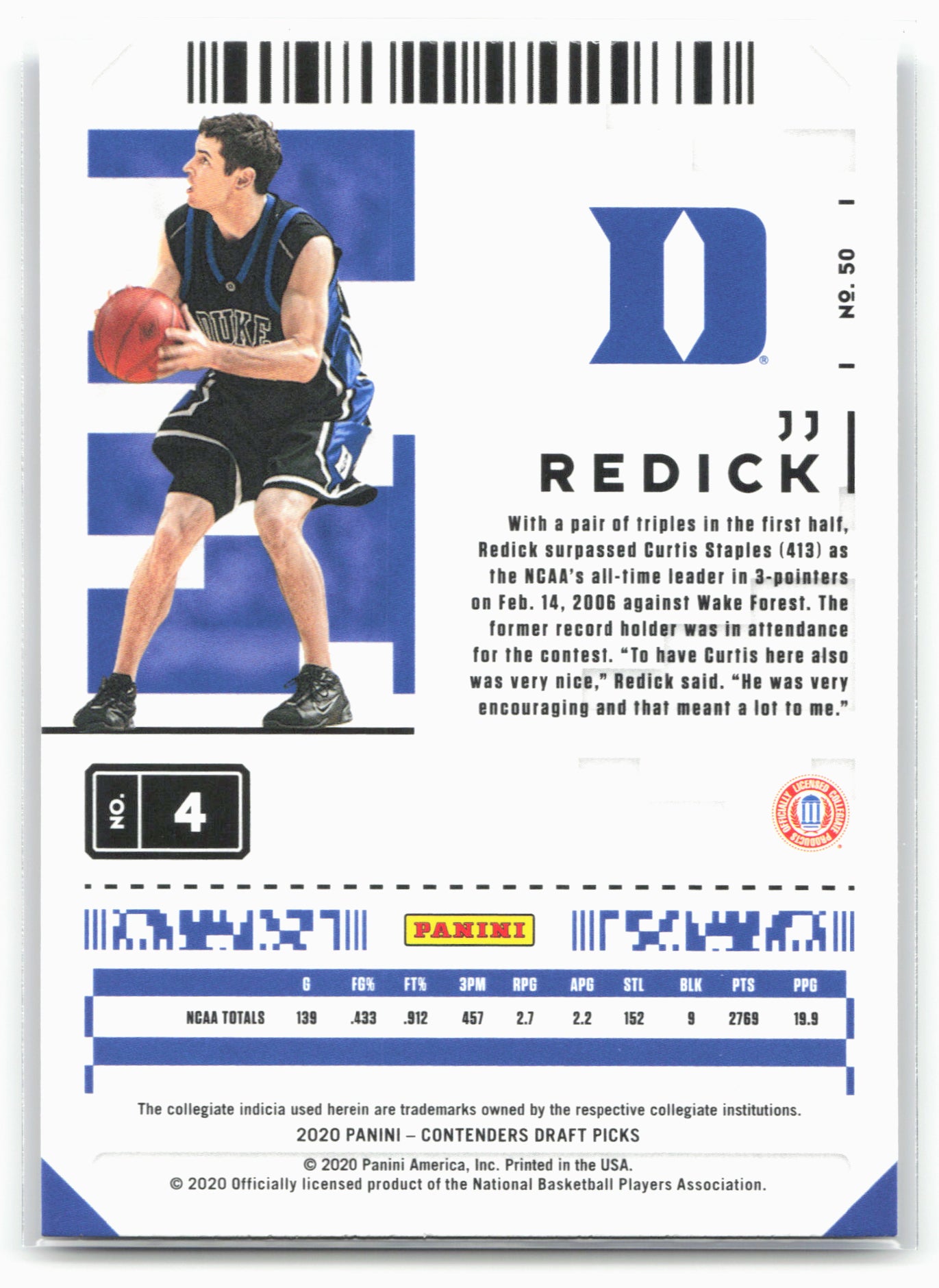 2020 Panini Contenders Draft Picks #50 JJ Redick Campus Ticket 20558
