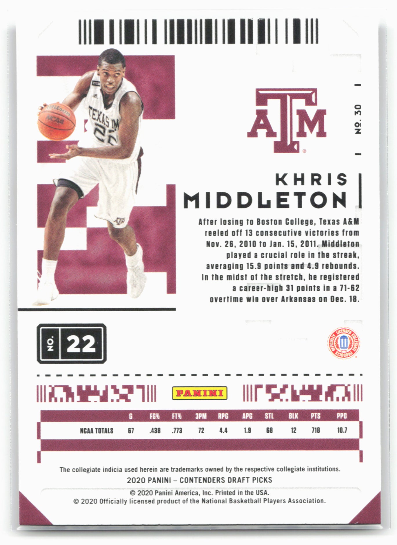 2020 Panini Contenders Draft Picks #30 Khris Middleton Campus Ticket 20568
