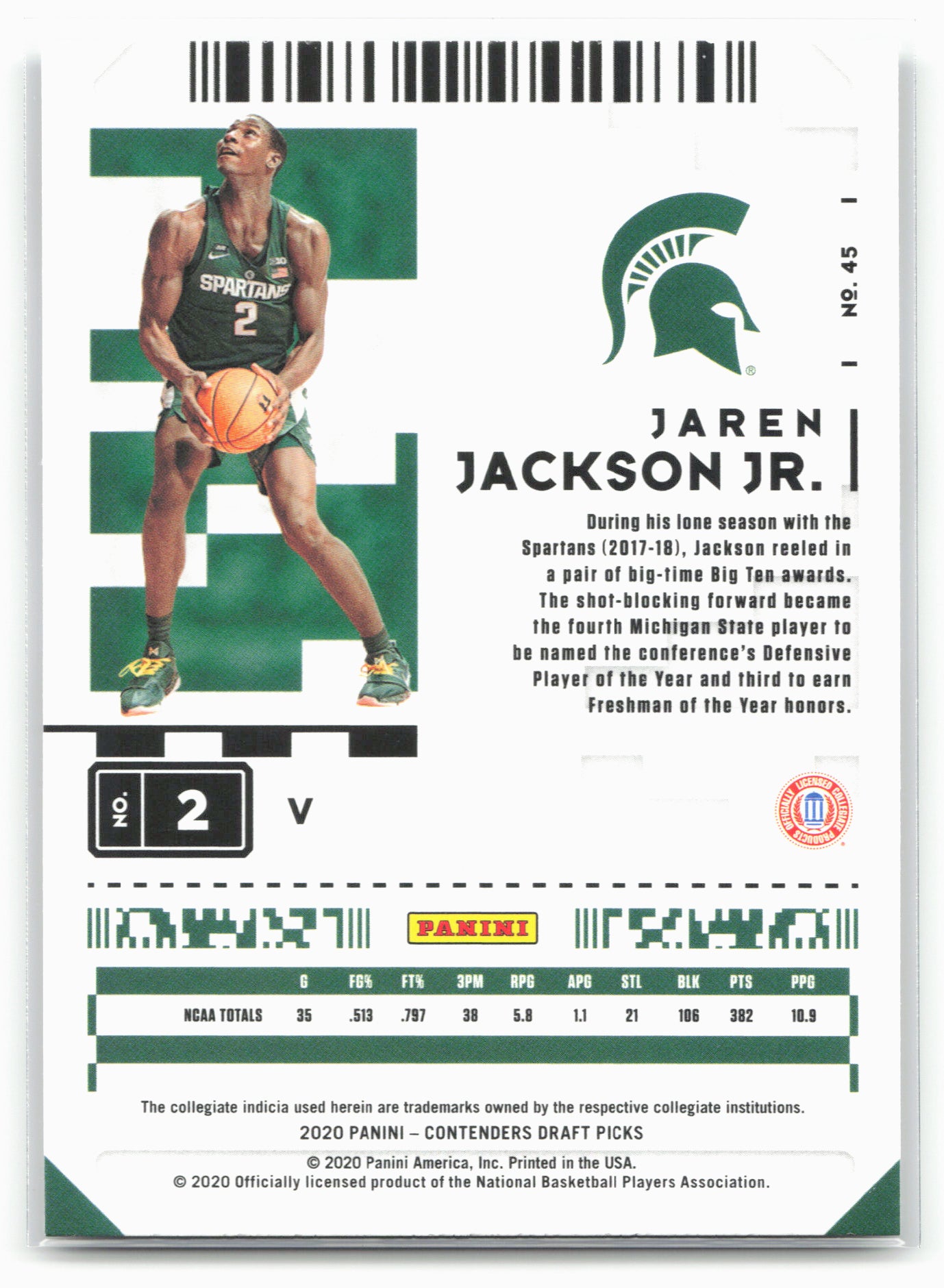 2020 Panini Contenders Draft Picks #45b Jaren Jackson Jr. Campus Ticket 20569