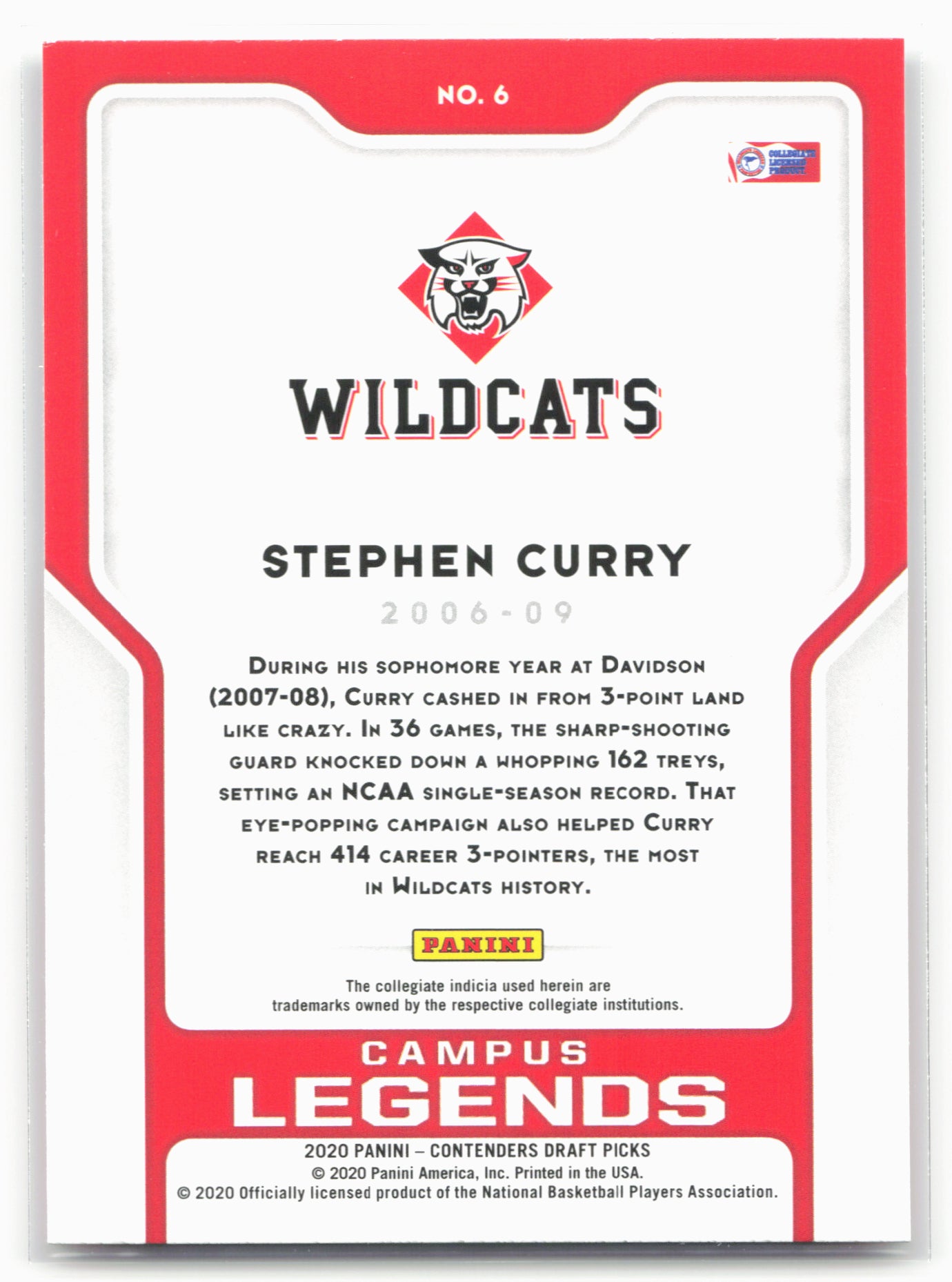 2020 Panini Contenders Draft Picks #6 Stephen Curry Campus Legends 20573