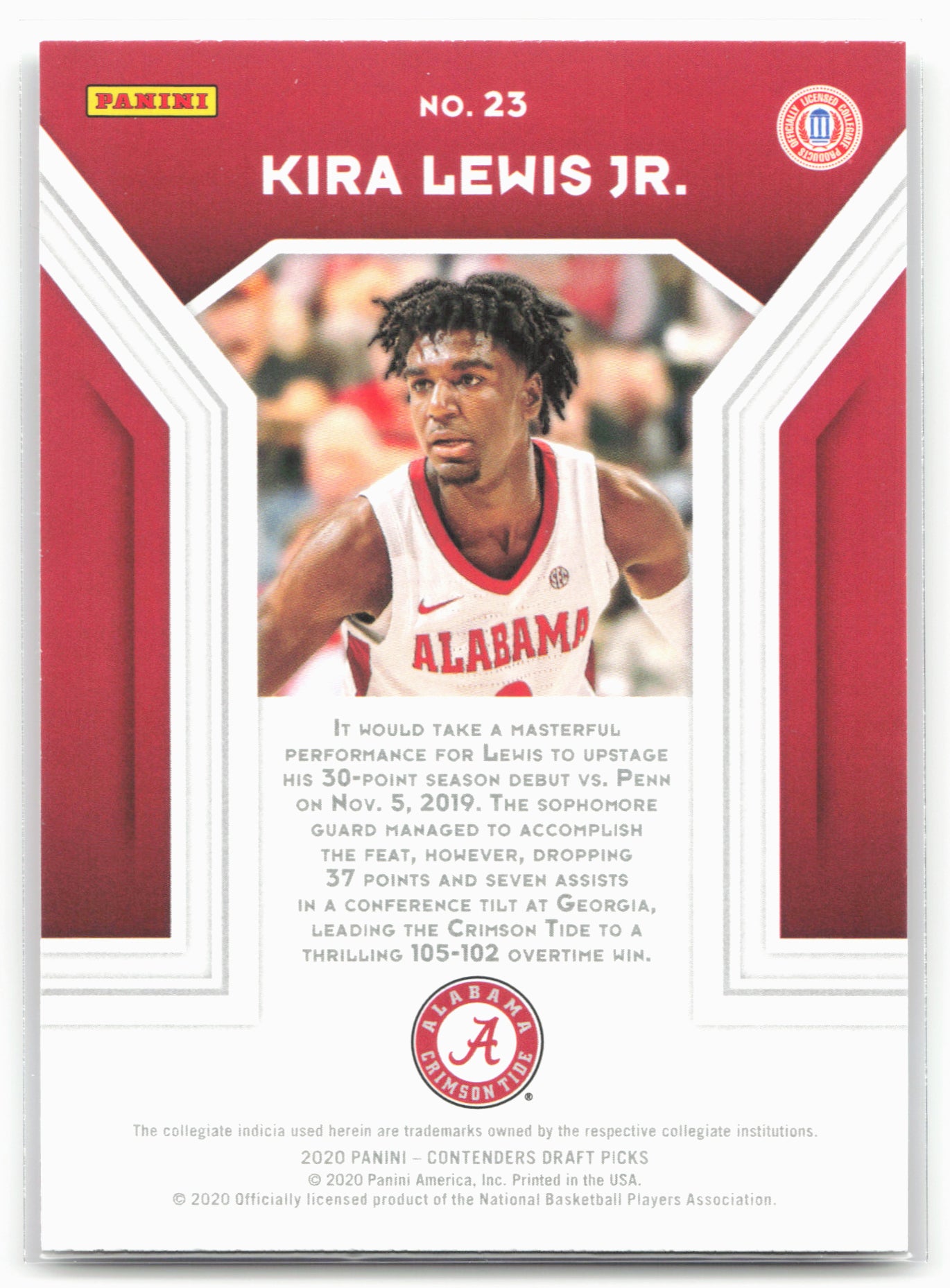 2020 Panini Contenders Draft Picks #23 Kira Lewis Jr. the Numbers Game 20575