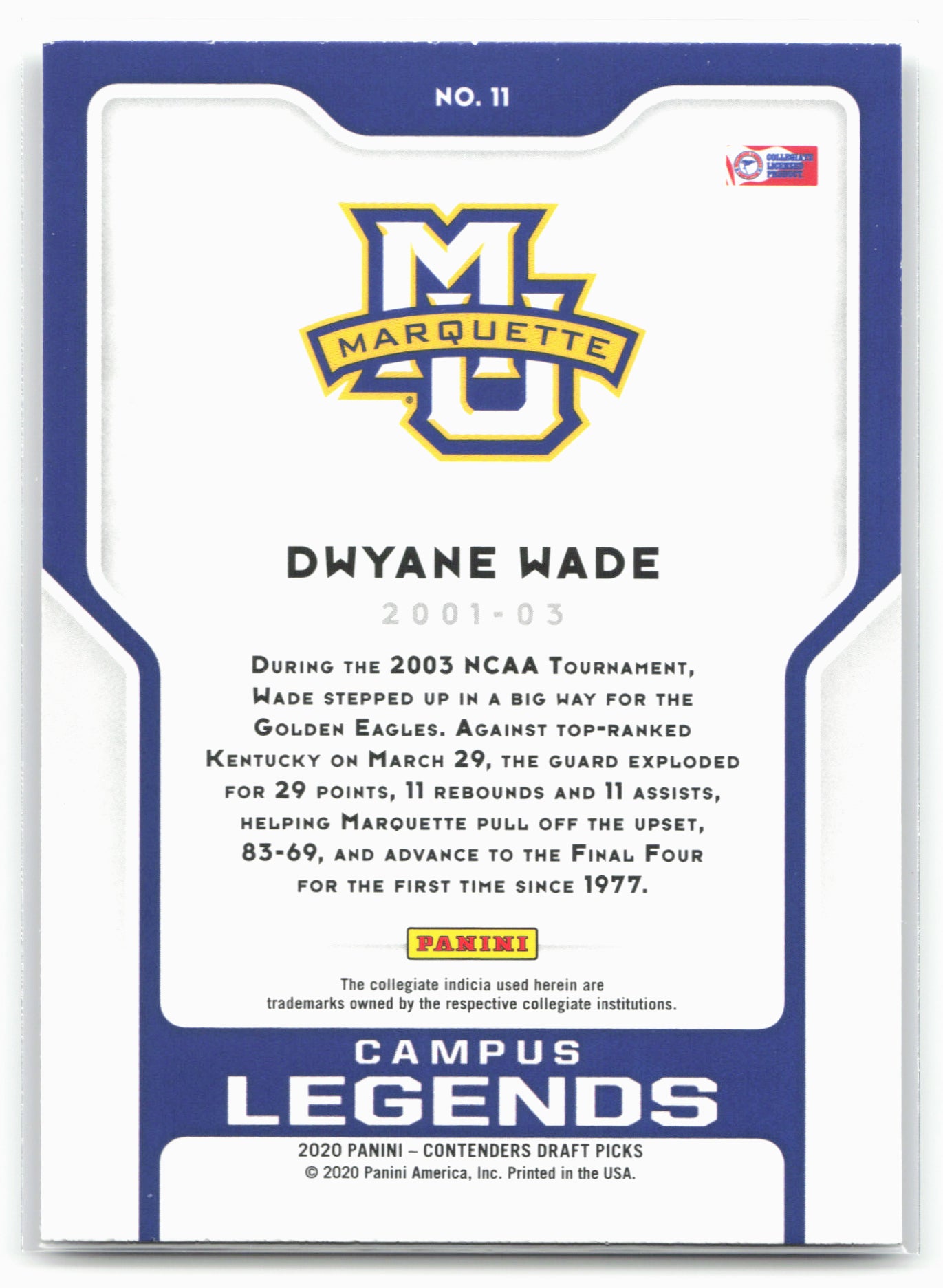 2020 Panini Contenders Draft Picks #11 Dwyane Wade Campus Legends 20576