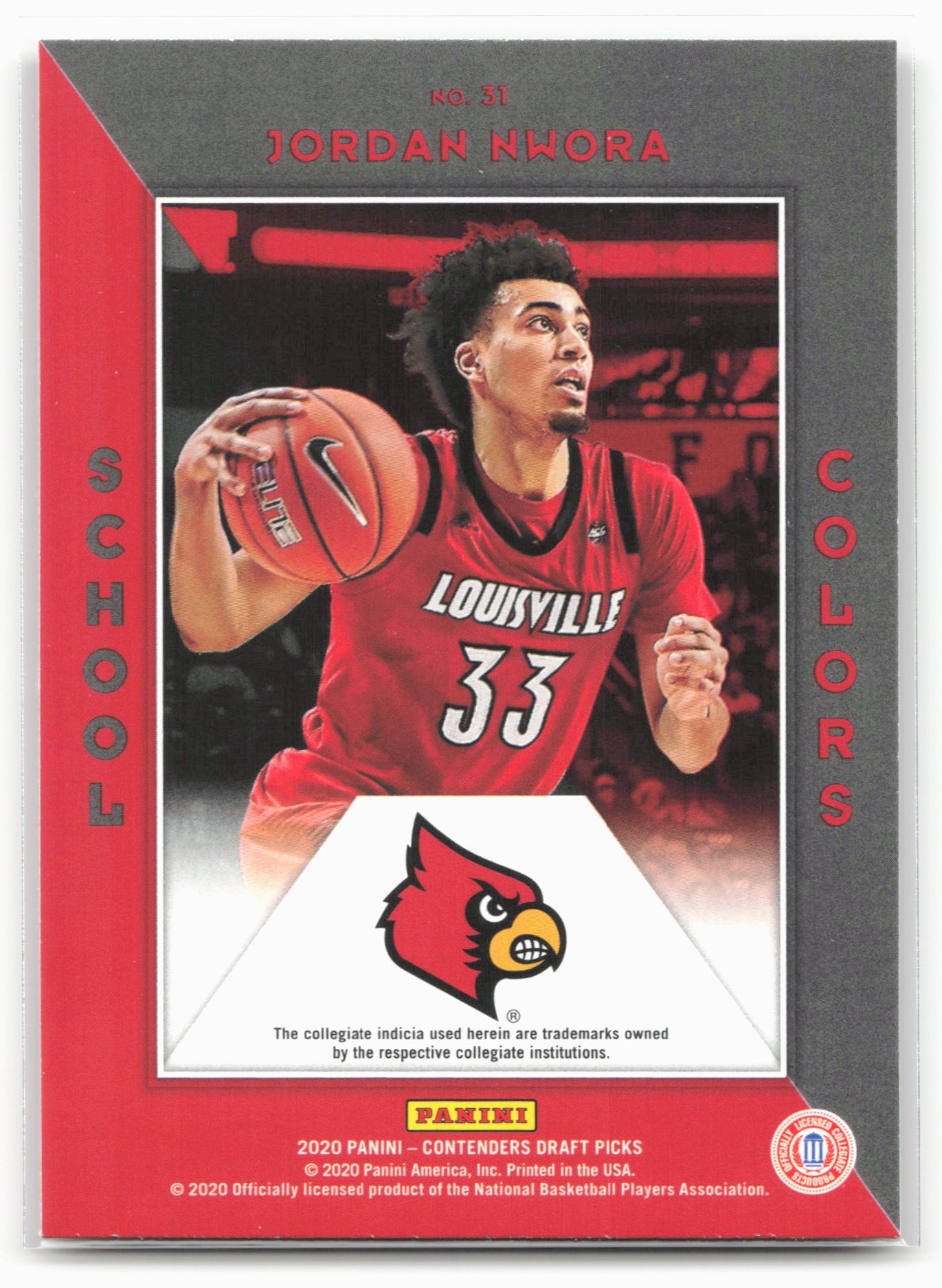 2020 Panini Contenders Draft Picks #31 Jordan Nwora School Colors 20577