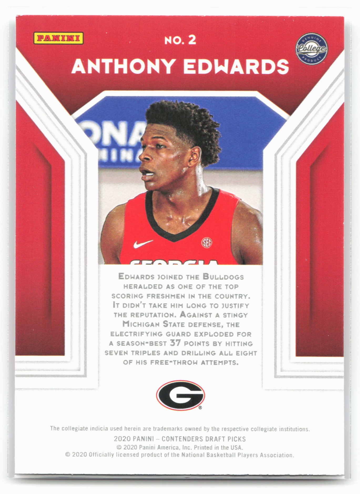2020 Panini Contenders Draft Picks #2 Anthony Edwards the Numbers Game 20578