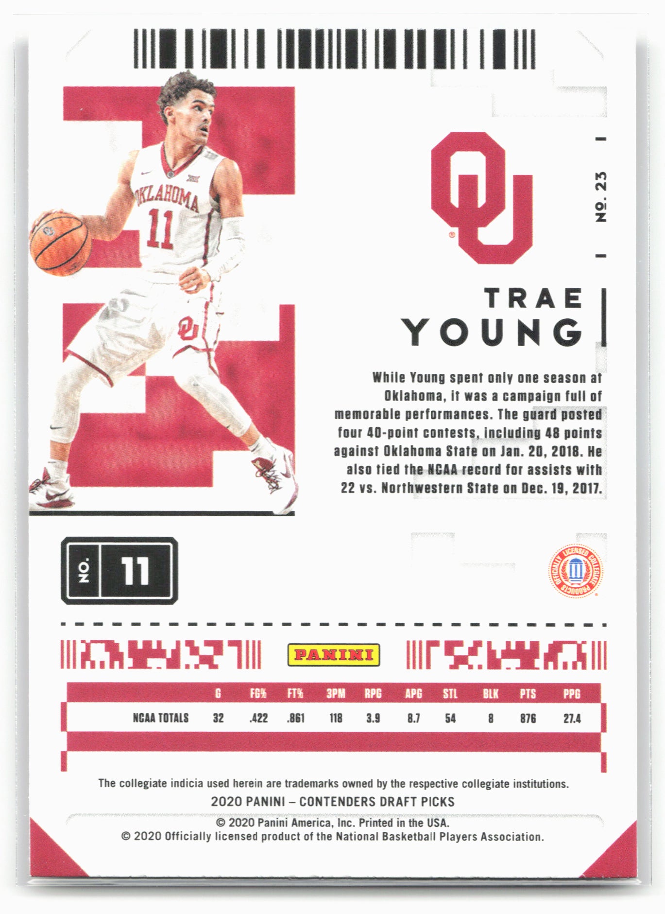 2020 Panini Contenders Draft Picks #23 Trae Young Campus Ticket 20580