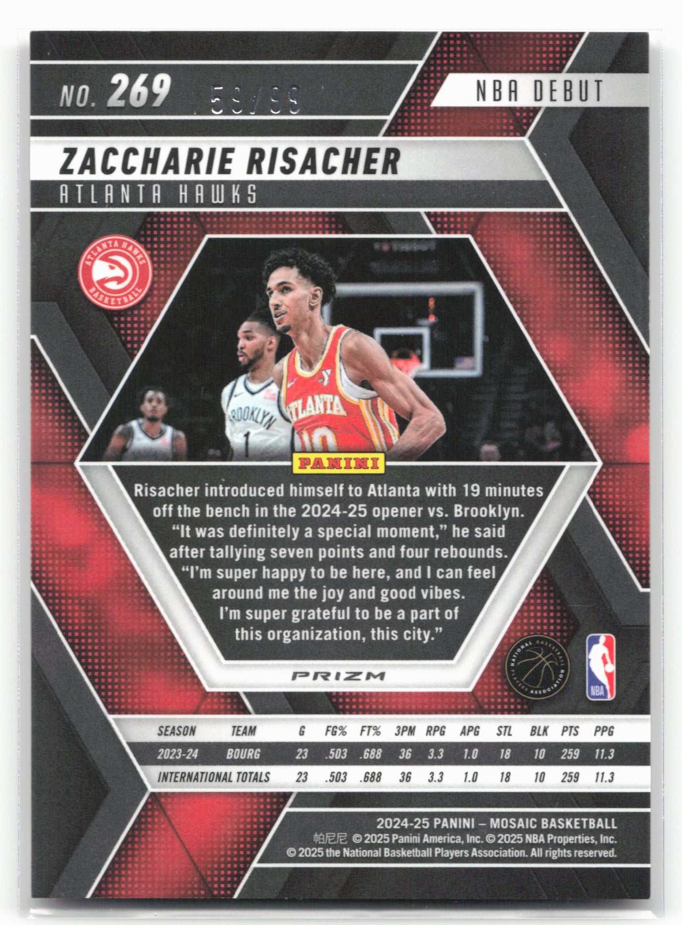 2024-25 Panini Mosaic #269 Zaccharie Risacher Fast Break Red Mosaic #/99