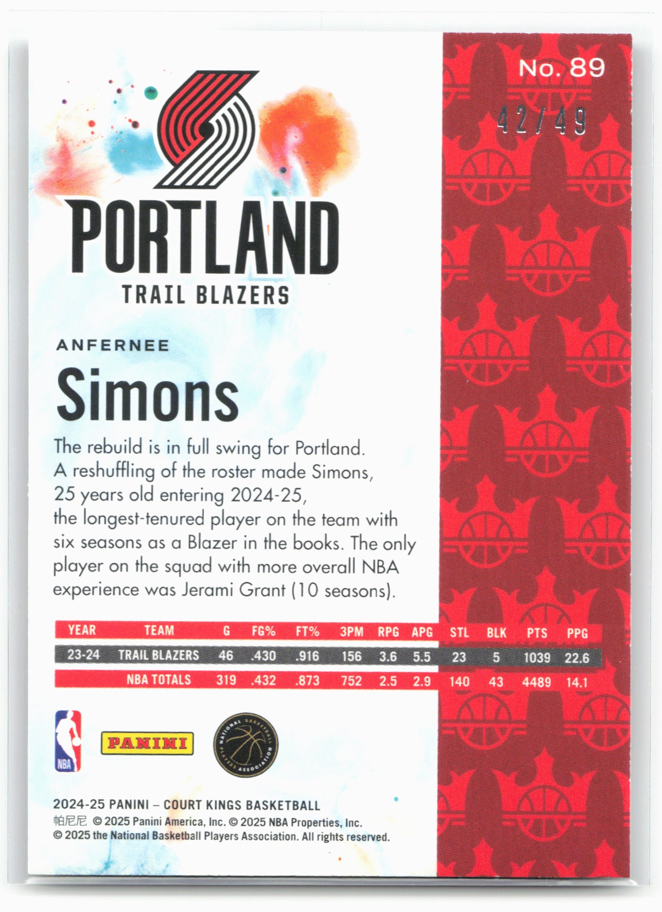 2024-25 Panini Court Kings #89 Anfernee Simons Violet #/49