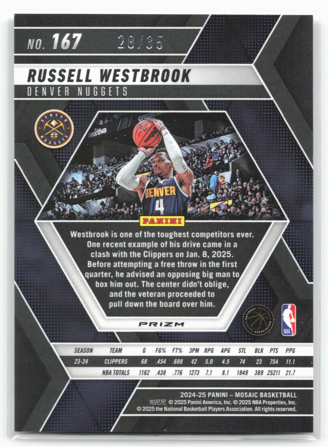 2024-25 Panini Mosaic #167 Russell Westbrook Fast Break Blue Camo Mosaic #/35